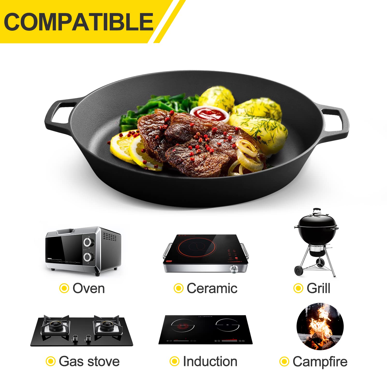 Edging Casting Pre-Seasoned Cast Iron Skillet, Large 15'' Dual Handle Frying Pan For Bread, Baking,Pizza, Outdoor Cooking, Campi
