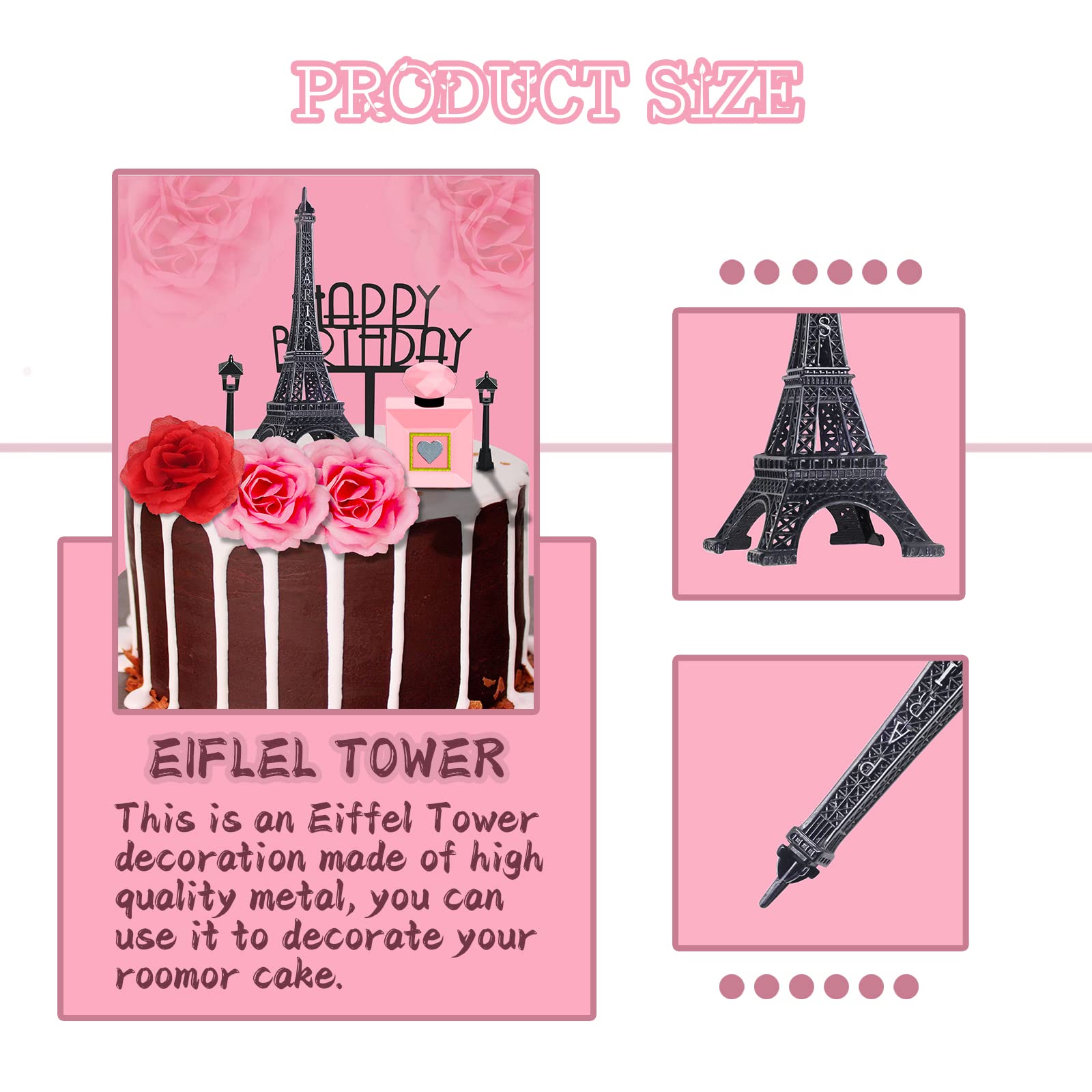 MEMOVAN 8pcs Paris Cake Topper Eiffel Tower Statue Cake Topper 7 Inch Pairs Eiffel Tower Perfume Bottle Birthday Topper Street Lamp Rose Cake Decoration for Girl Women Spa Paris French Theme Party