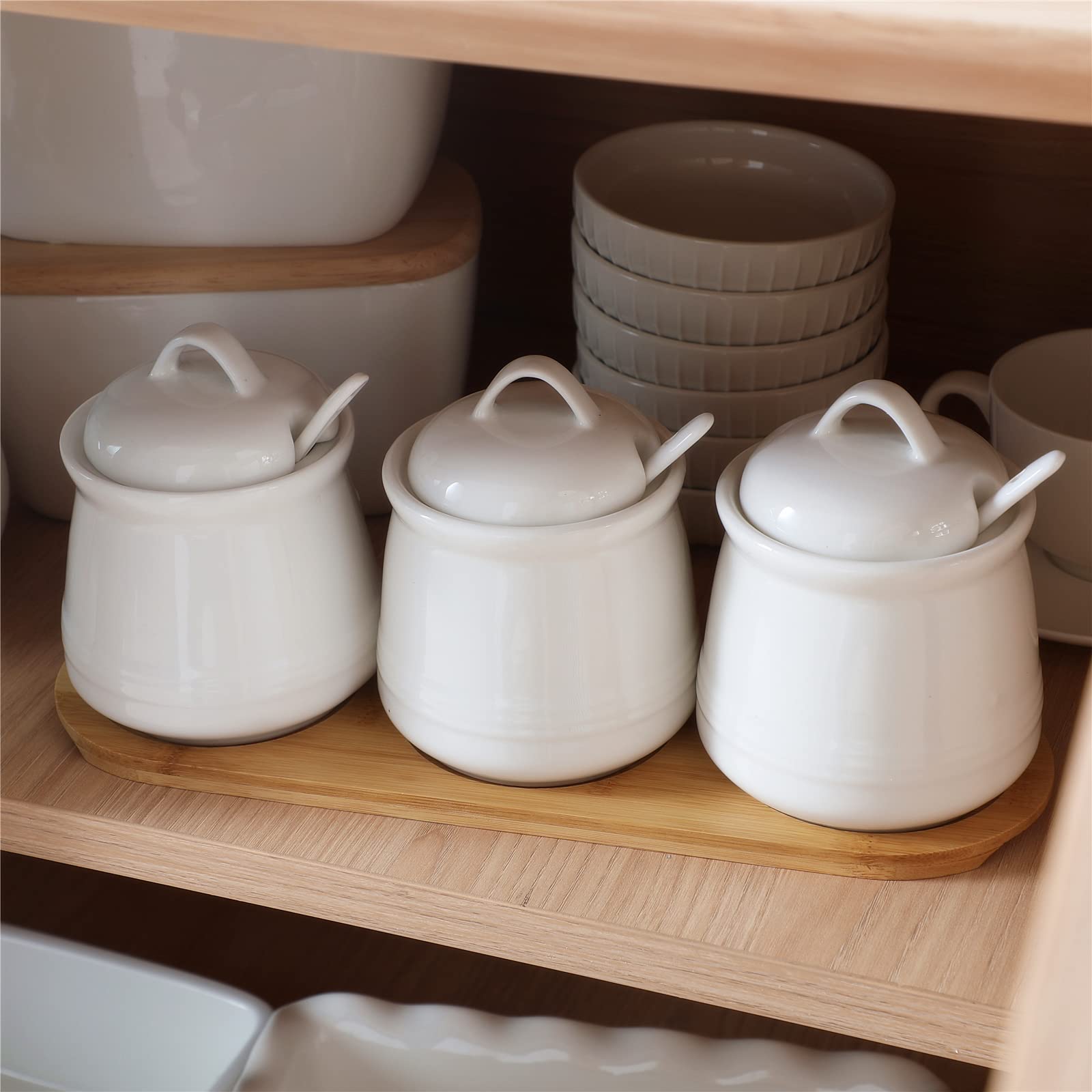 Haotop Porcelain Condiment Jar 3 Pack Set With Tray, 12 Ounces White