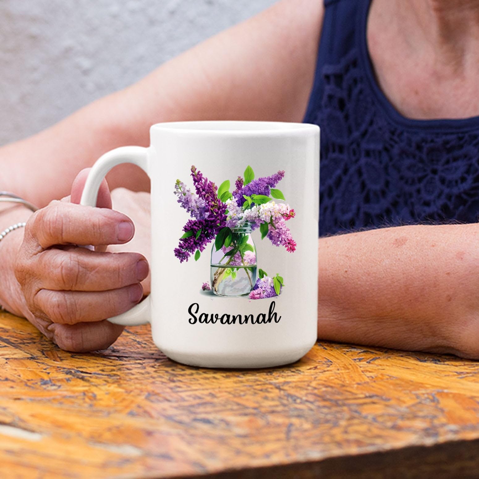 Lilac Ceramic Mug, Custom Lilac Flowers Gifts, Personalized Floral Name Tea Cup, Customized Lilac Lovers Coffee Mug, Violet Flow