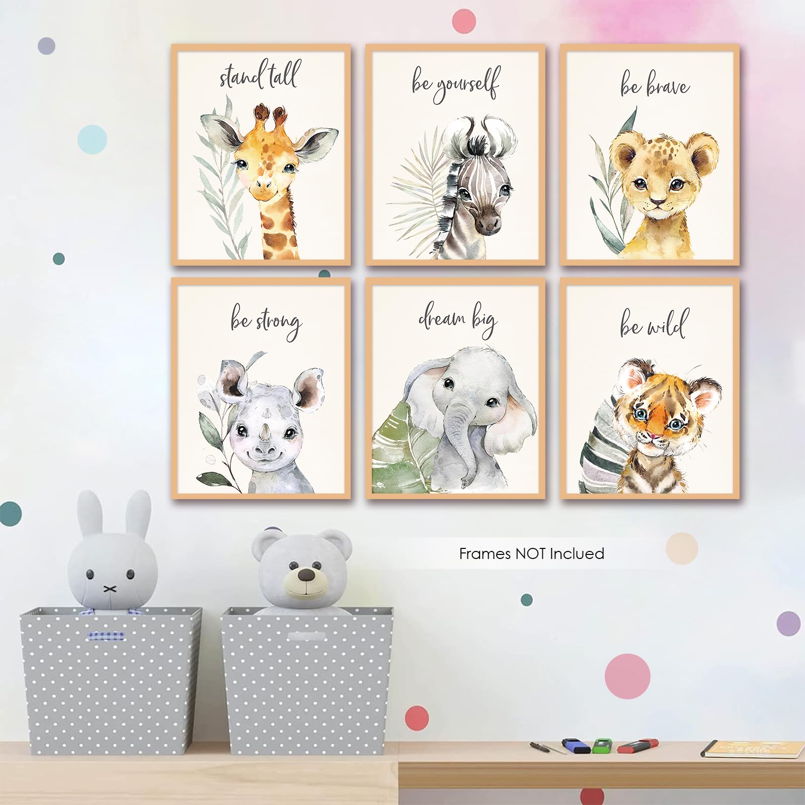 6 Pcs Cartoon Animals Wall Art Nursery Decor Cute Elephant Giraffe Leopard Zebra Tiger Inspirational Wall Decor Unframed Posters