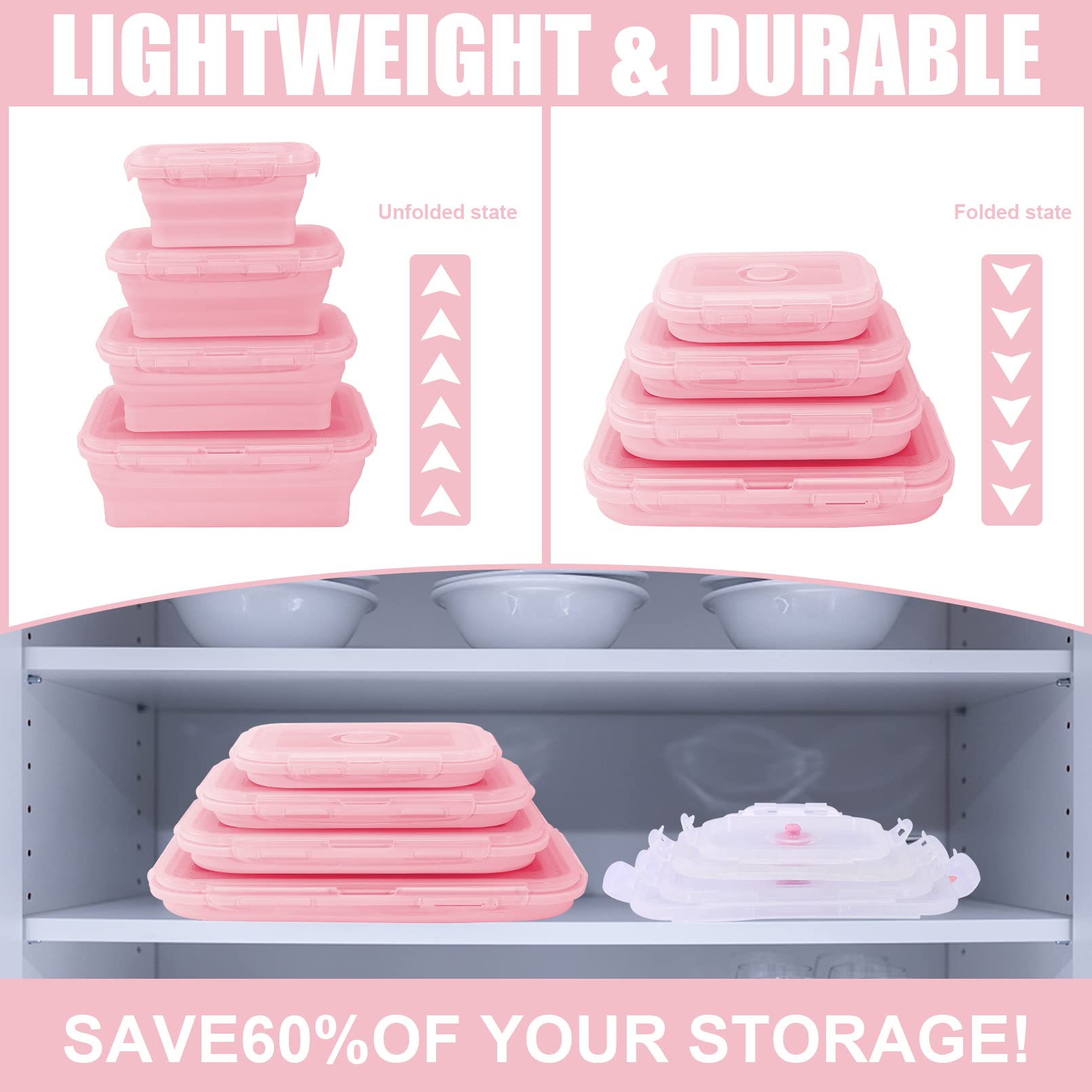 Collapsible Silicone Food Storage Containers With Lids,Set Of 4 Silicone Lunch Box Containers,Foldable Meal Prep Container For K
