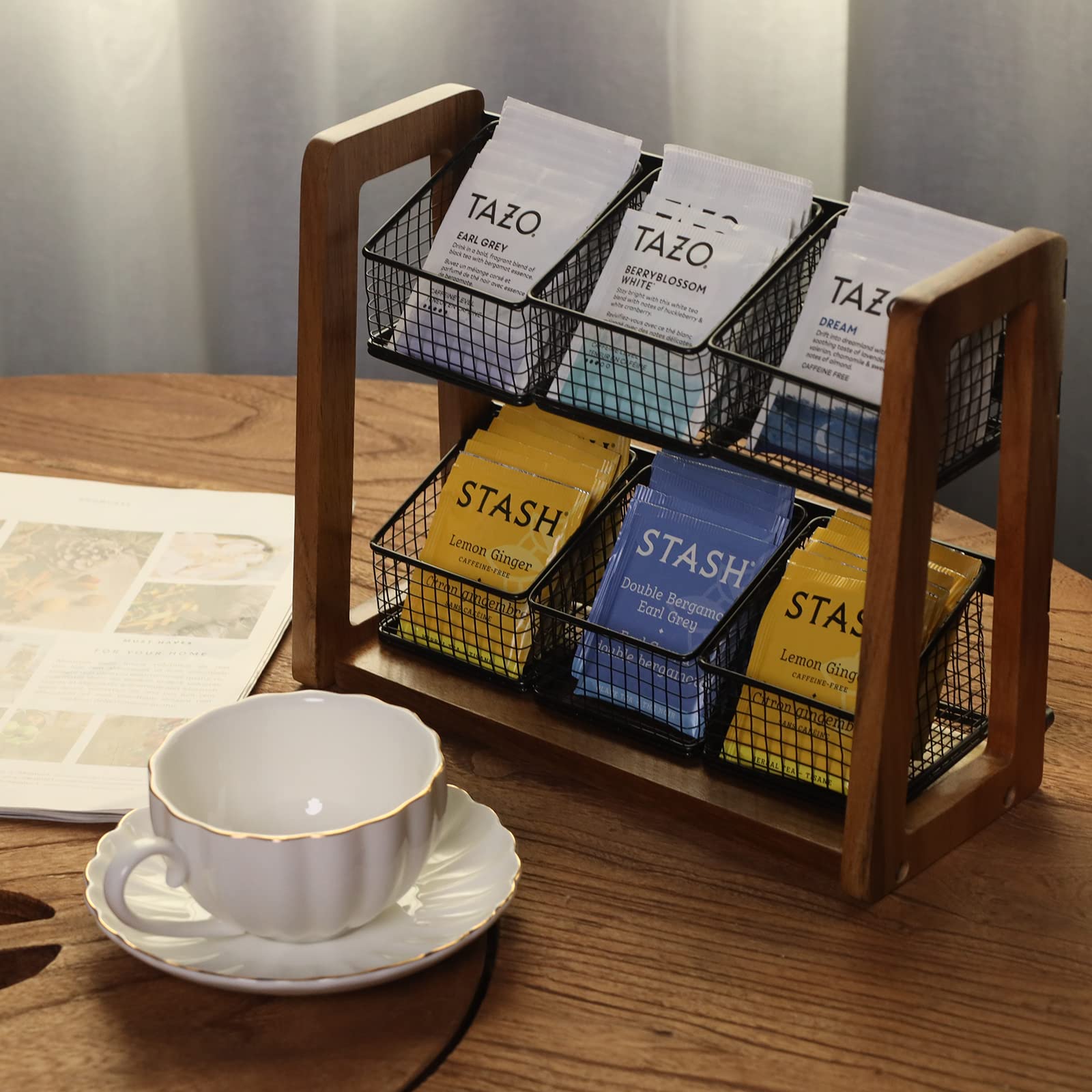 Htb 2 Tier Tea Organizer For Tea Bags, Tea Bag Holder With Acacia Wood Stand And 6 Removable Metal Basket For Sugar Packets, Swe