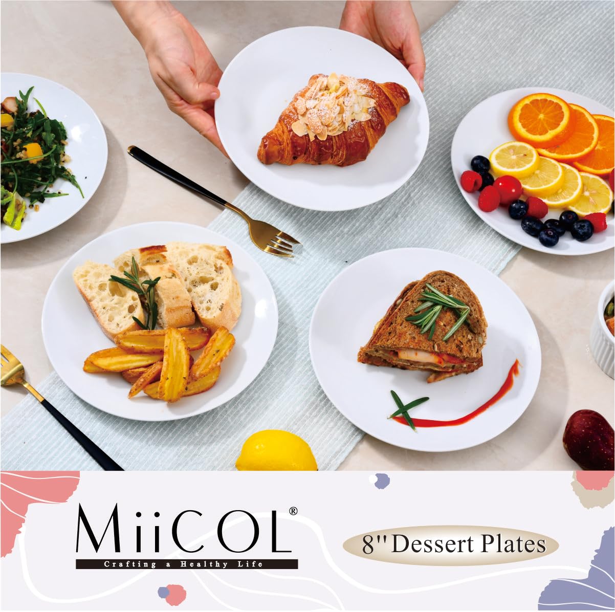 Miicol Ceramic Appetizer Plates Set Of 6, White Dessert Plates 8 Inch, Small Dinner Plates, Modern Round Salad Plates, Porcelain