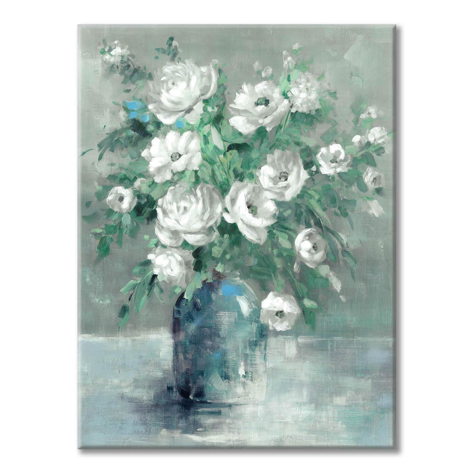 Utop-Art Floral Canvas Wall Art Painting White Rose Flower Green Leaves Hand Painted Texture Picture Artwork For Bedroom Plant W