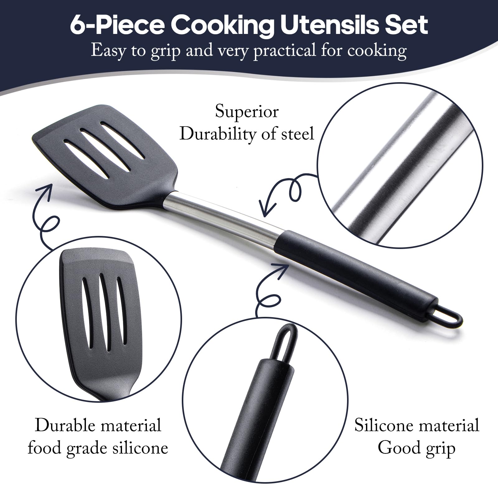 Silicone Kitchen Utensils Set - Culinary Couture 6-Pieces Black Silicone Cooking Utensils Set For Nonstick Cookware - Stainless