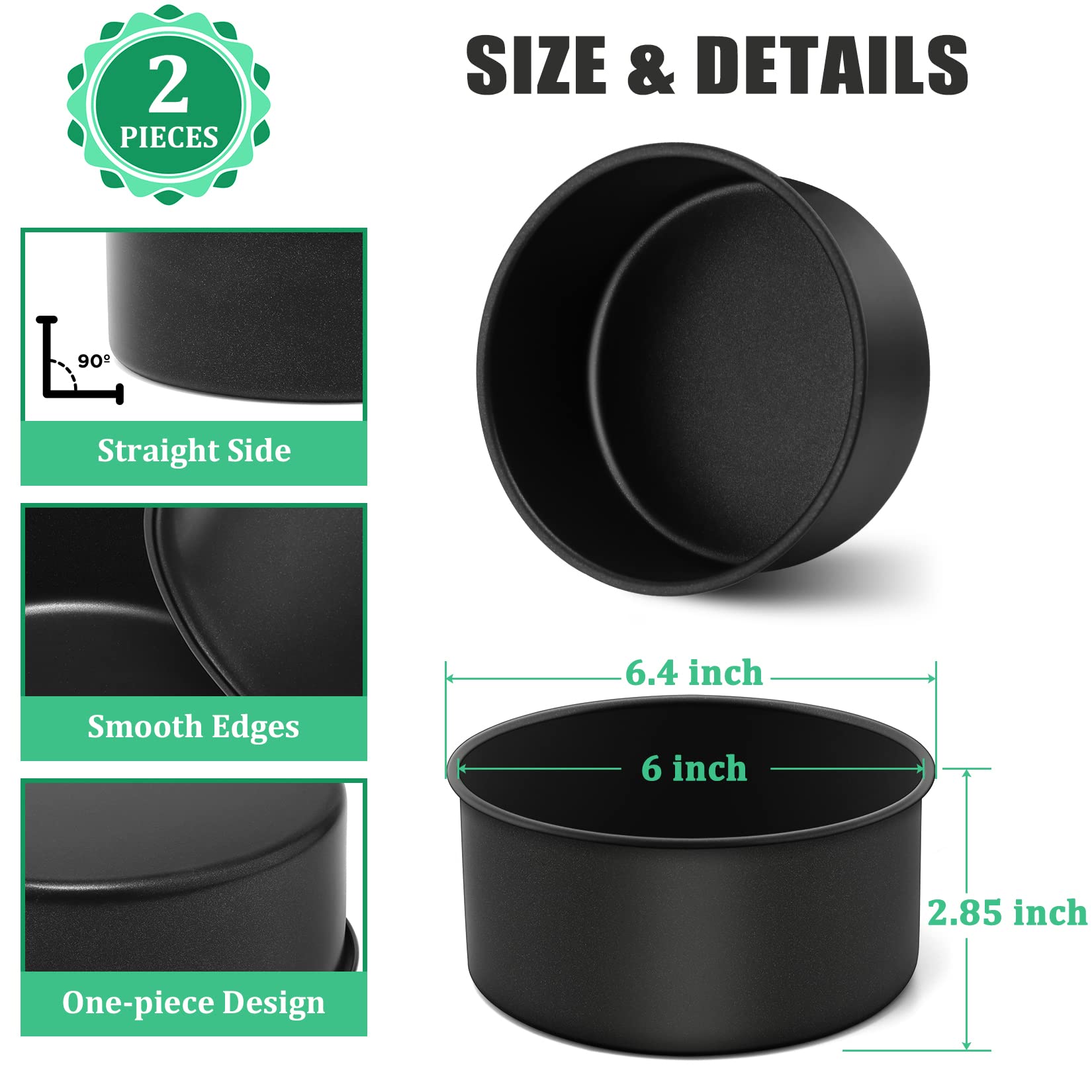 P&P Chef 6 X 3 Inch Nonstick Cake Pan Set, 2-Piece Round Baking Cake Pans For Small Birthday Wedding Layer Cake, Deep Side & One