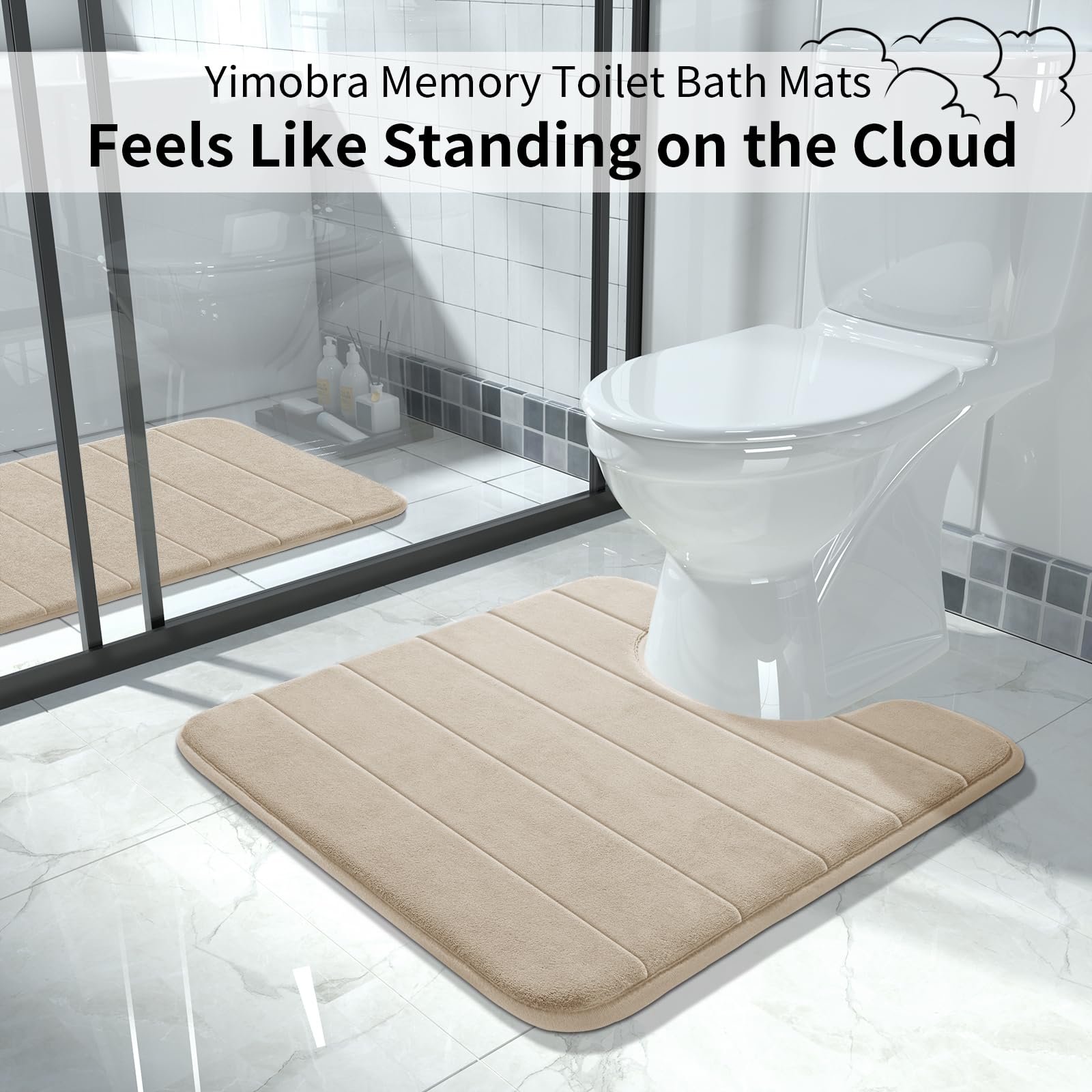 Yimobra Memory Foam Toilet Bath Mat U-Shaped  Soft and Comfortable  Super Water Absorption  Non-Slip  Thick  Machine Wash and Easier to Dry for Bathroom Commode Contour Rug  24 X 20 Inches  Beige