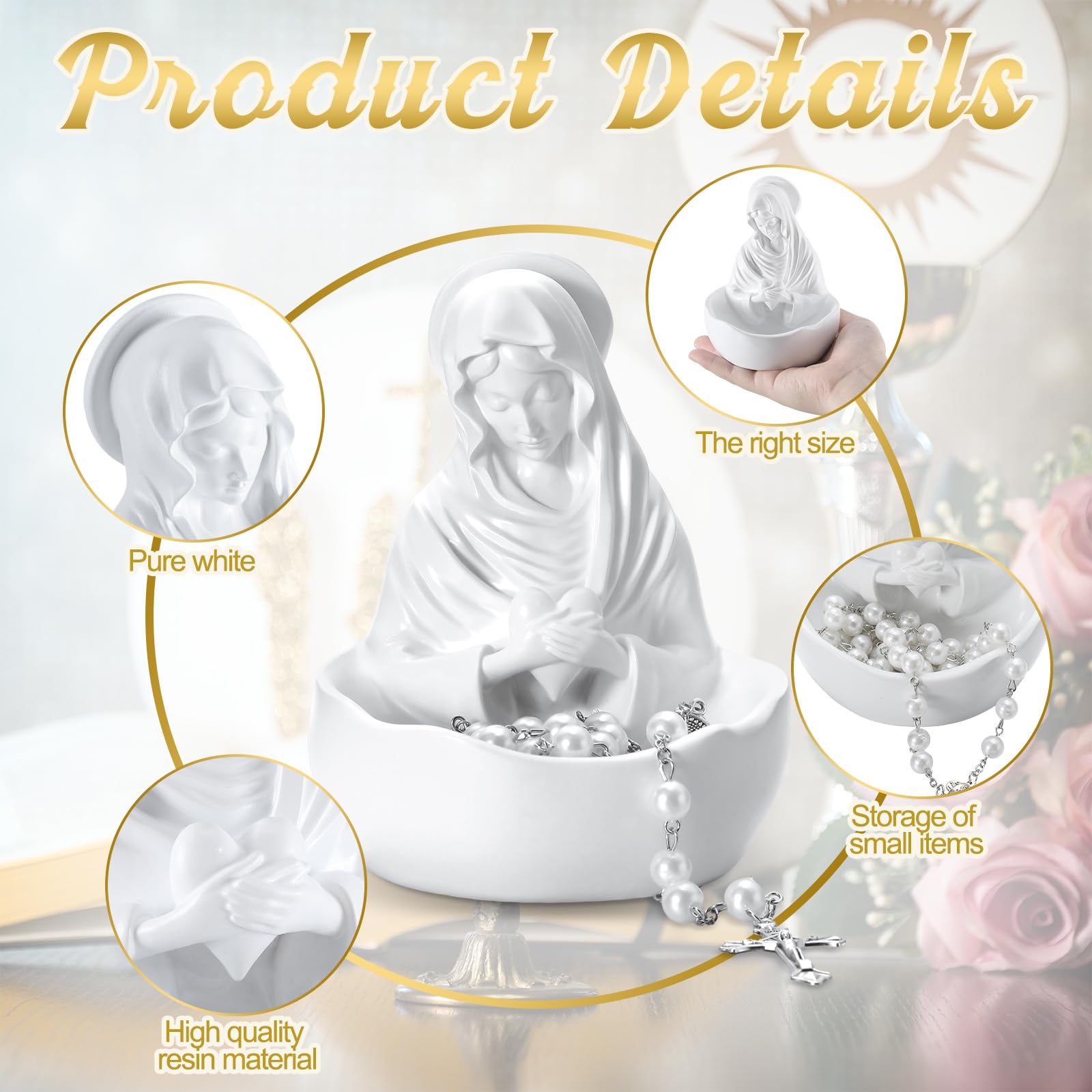 Lineshading Our Lady of Grace Statue Virgin Mary Keepsake Rosary Holder, 5 Blessed Mother Statues, Resin Relic, Catholic Gifts f