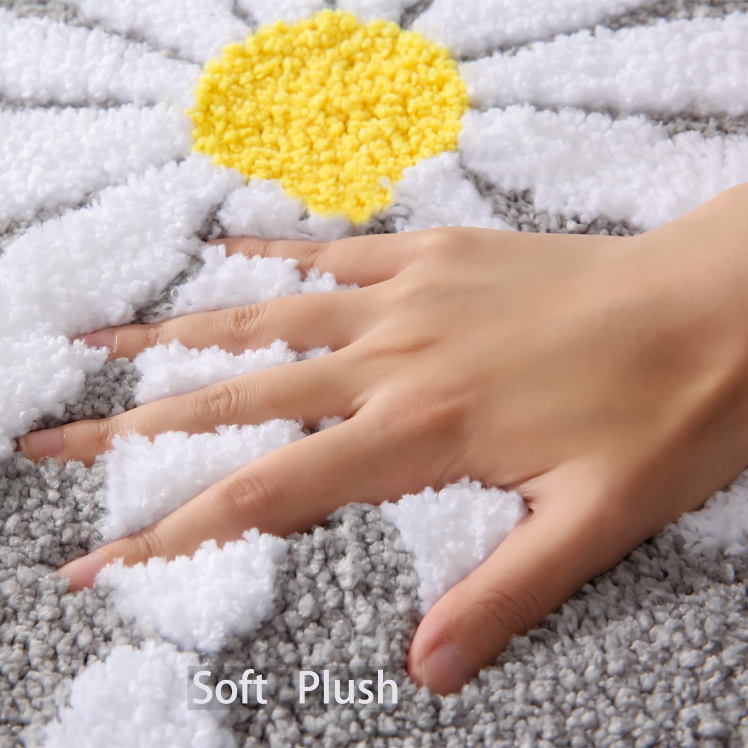 Qjhomo Bathroom Rug Set 2 Piece, Cute Daisy Bath Mat Gray Toilet Rug U Shaped, Flower Deocr Bathroom Set Non Slip Contour Bathma