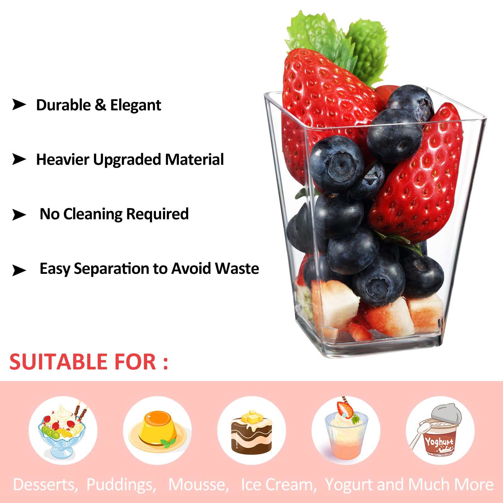 Eupako 160 Pack 5 Oz Plastic Mini Dessert Cups - Clear Small Parfait Cups, Square Appetizer Cups For Fruit, Pudding, Mousse, Ice