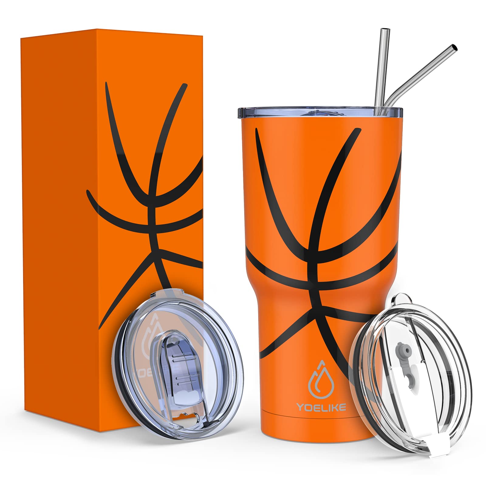 Yoelike Basketball Tumbler 30 Oz Stainless Steel Double Wall Vacuum Insulated Cup With Straws, Splash Proof Lids, Straw Clean Br