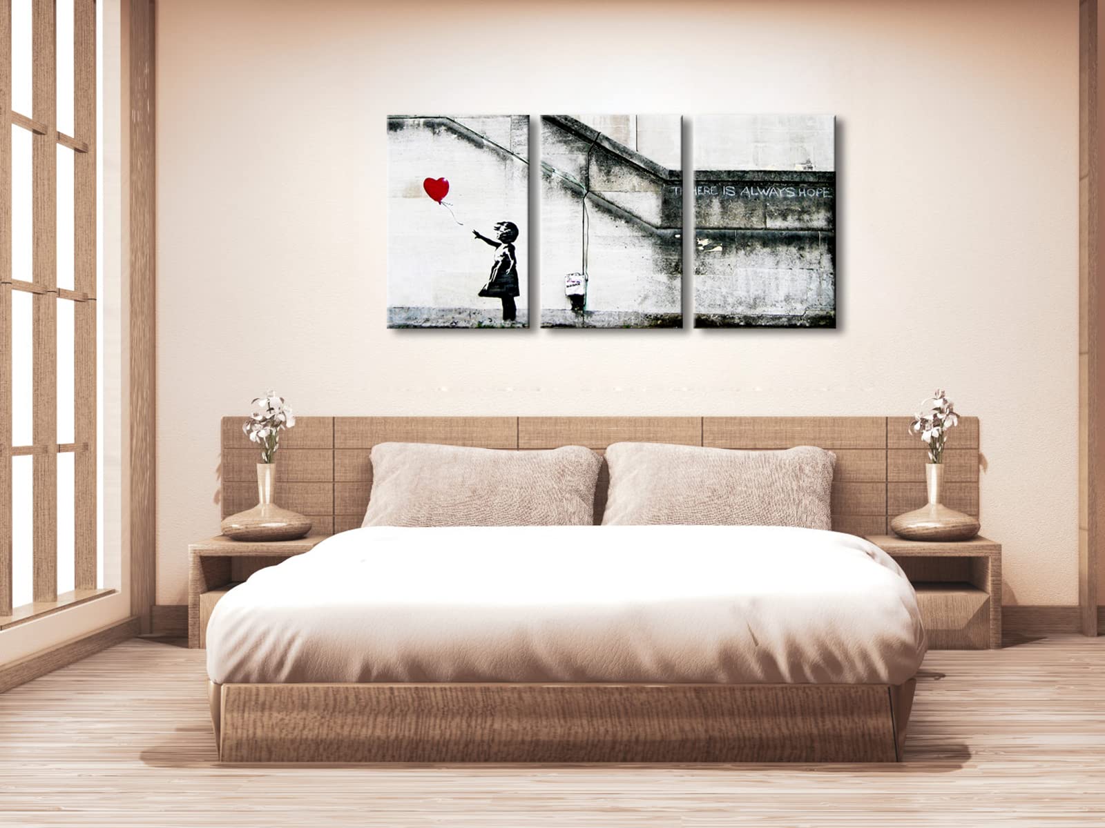 Wieco Art Banksy Grafitti Girl With Red Balloon Modern 3 Piece Famous Canvas Paintings Wall Art Inspirational Grey Love Pictures