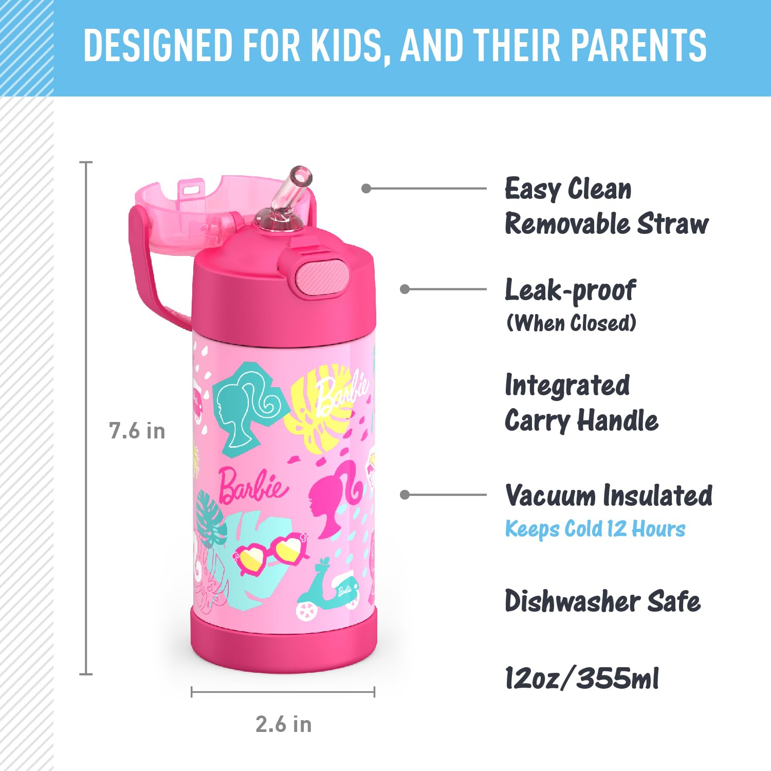 Thermos Funtainer Water Bottle With Straw - 12 Ounce, Barbie - Kids Stainless Steel Vacuum Insulated Water Bottle With Lid