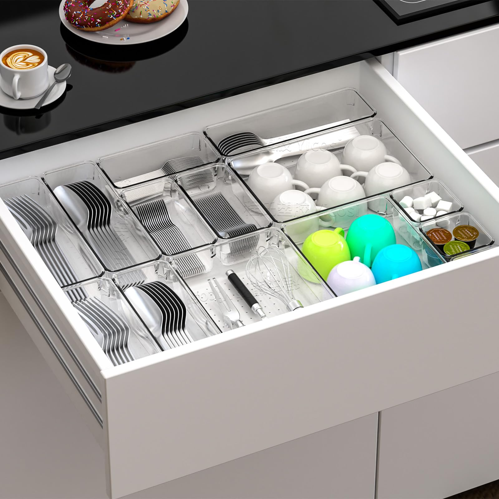 Yieach 60 Pcs Clear Plastic Drawers Organizer,5-Size Versatile Bathroom and Vanity Drawer Organizers and Storage,Non-Slip Vanity