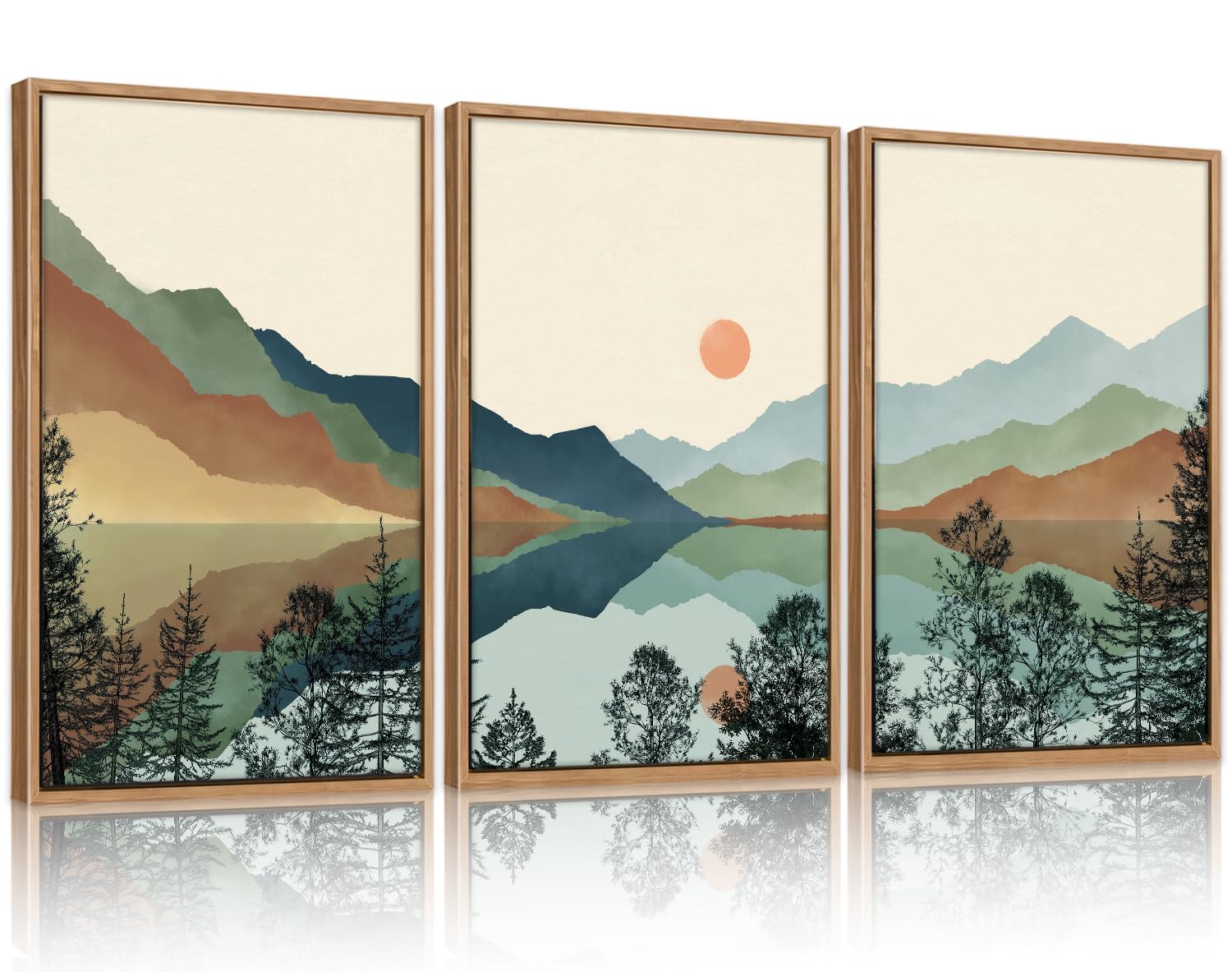 Chditb Mountain Sun Forest Framed Art Prints(Set Of 3, 24   X36   ), Boho Watercolor Nature Landscape Canvas Artwork Painting, A