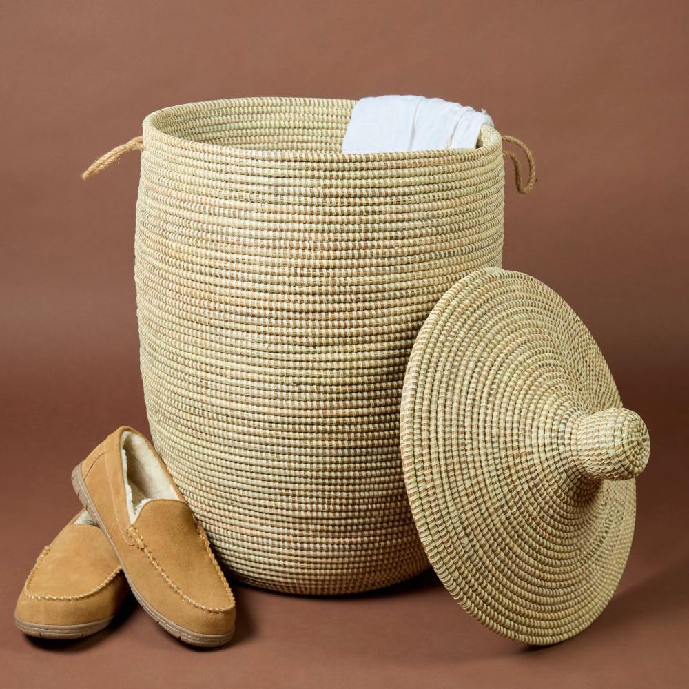 Senegalo Tall Large Natural Beige Decorative Woven Wicker Basket Hamper - Organize Laundry, Toys, Blankets, Towels - Storage Bin