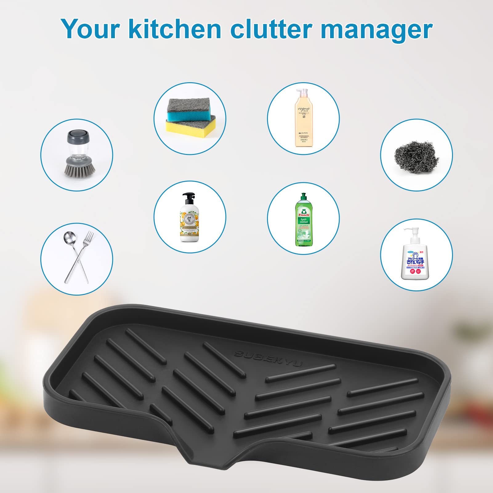 SUBEKYU Silicone Kitchen Soap Tray  Sink Tray for Kitchen Counter/Soap Bottles  Sponge Holder and Organizer with Drain Spout  Black  [Size: 9.5 x 5 inch]