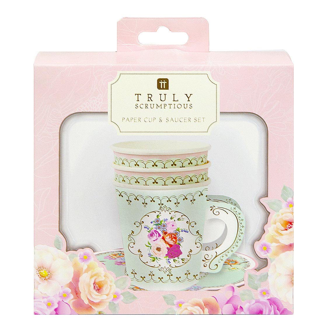 Talking Tables Ts6-Cupset Disposable Truly Scrumptious Party Vintage Floral Tea Cups And Saucer Sets, Mint Green