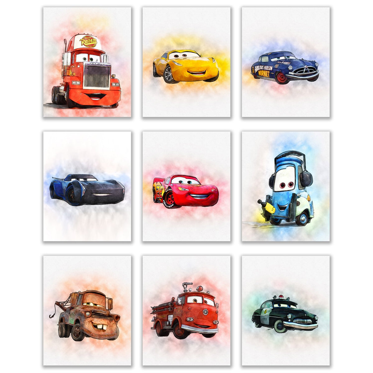 Cars Movie Poster Prints - Set Of 9 (8 Inches X 10 Inches) Watercolor Photos - Lightning Mcqueen Tow Mater Doc Hudson Jackson St
