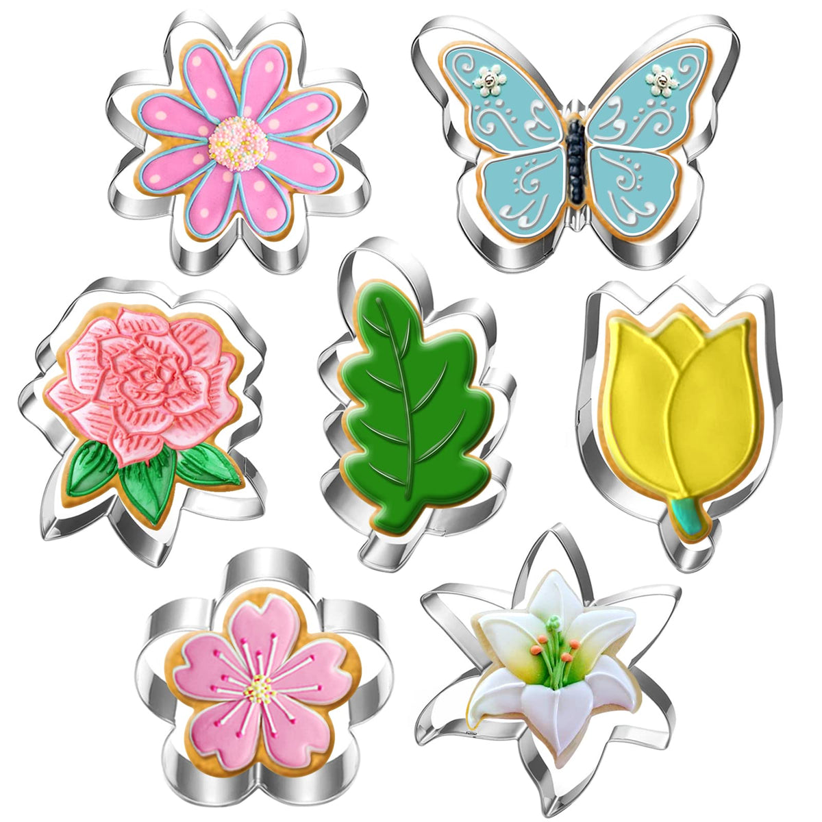 Lubtosmn Flower And Leaf Cookie Cutter Set-7 Piece-Daisy, Lily, Rose, Tulip, Oak Leaf And Butterfly Fondant Biscui Cutters
