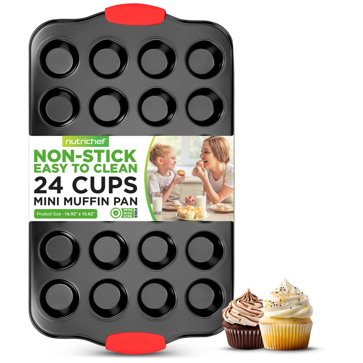 NutriChef 24-Cup Nonstick Mini Muffin Pan - Heavy Duty Carbon Steel Bakeware Tray with Red Silicone Handles - Bake Mini Cupcakes