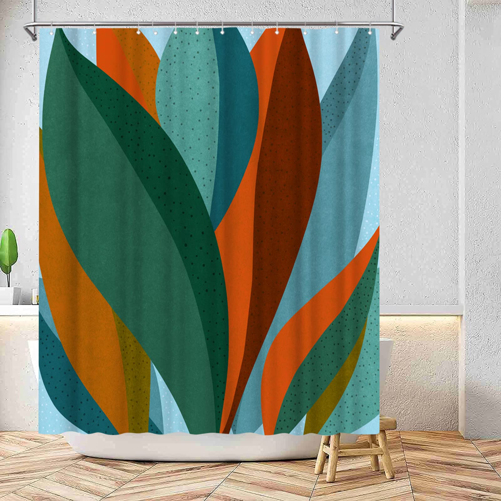 Rnnjoile Abstract Leaves Shower Curtain Cloth Tropical Palm Leaf With Dots Print Bath Curtain Green Orange Bathroom Decor With H