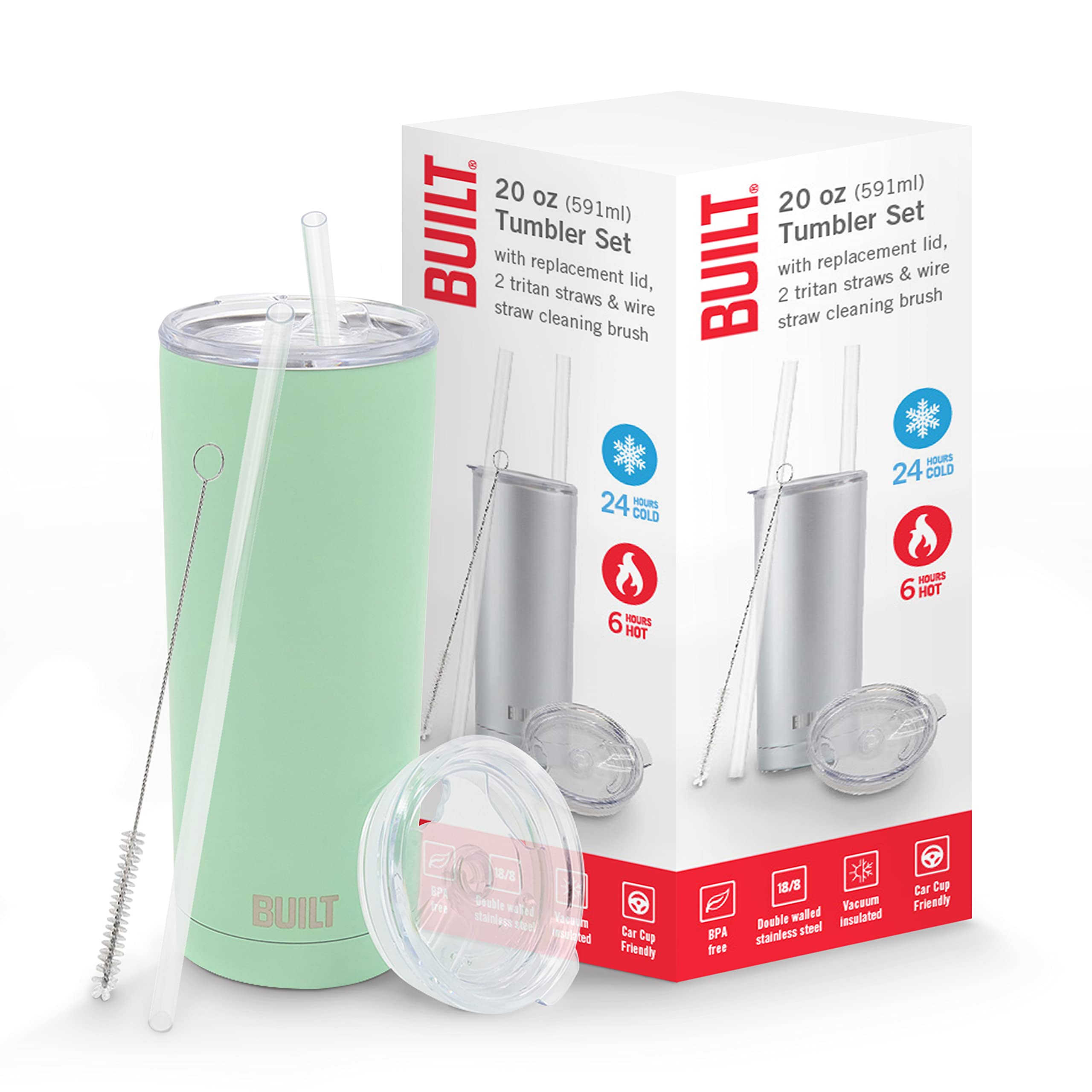 Built Double Walled Stainless Steel Tumbler Set With Replacement Lid, 2 Reusable Tritan Wire Straw Cleaning Brush In Gift Box, 1