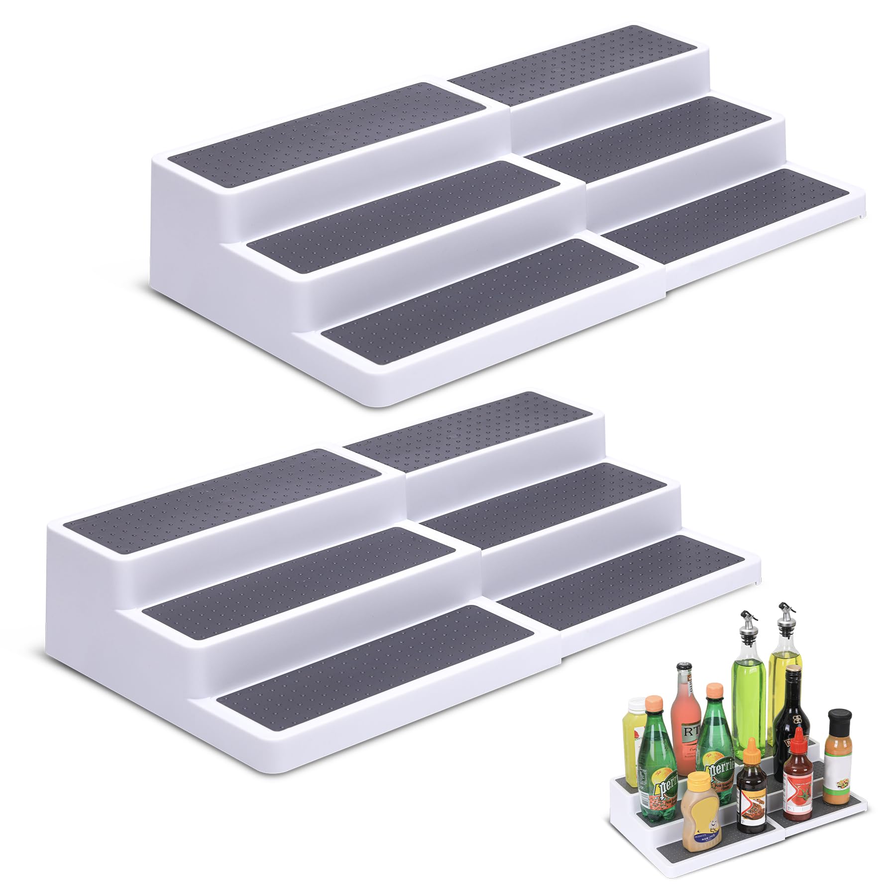 CiWiVOKi 3-Tier Expandable Spice Rack, Plastic Spice Rack Organizer for Cabinet, Adjustable Length, Non-Skid Spice Shelf Organiz