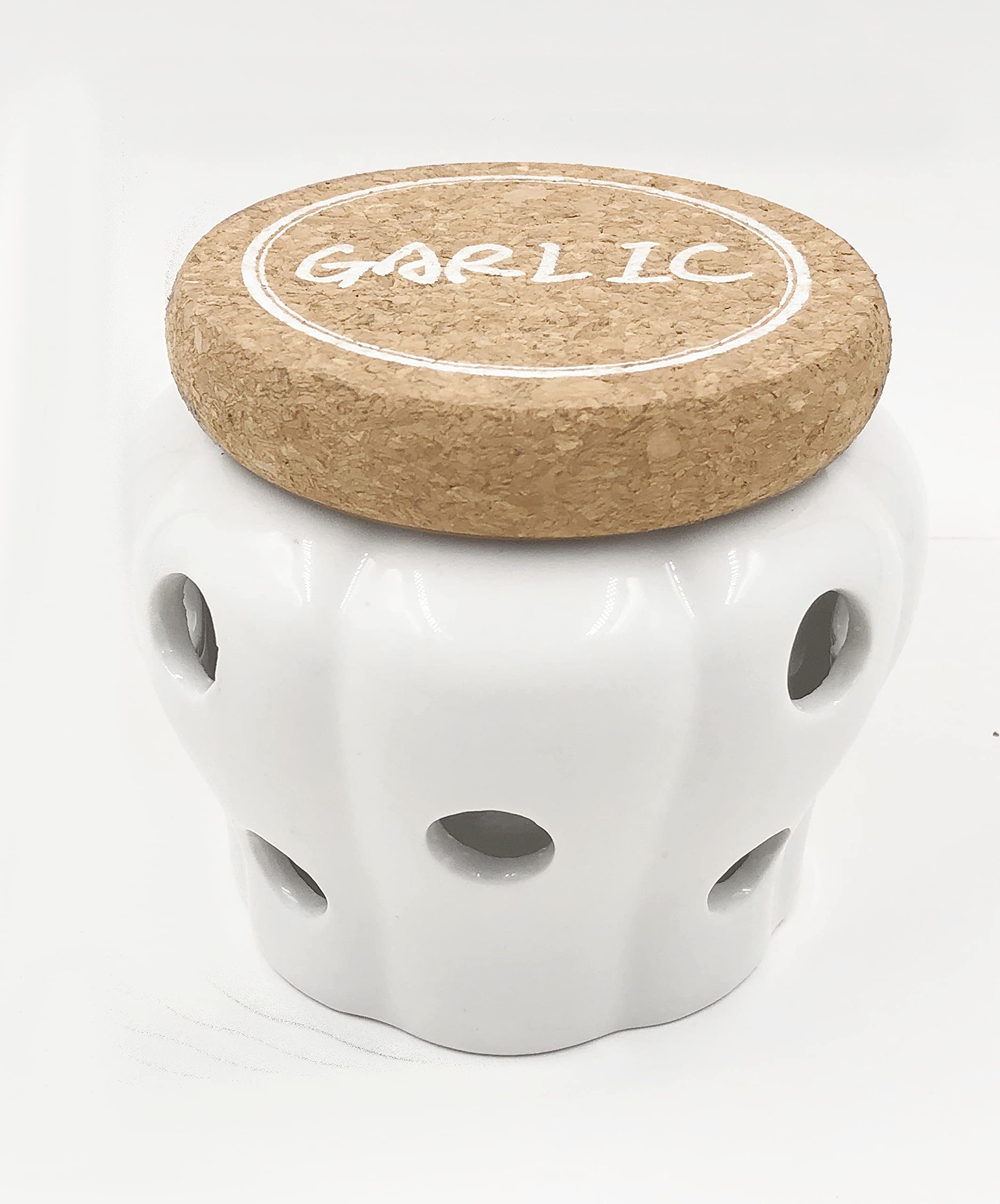 Xinli Rustic Garlic Keeper Vented Ceramic Storage Container. White Stoneware With Nature Cork Lid. 4.3 X 4.3 X 3.7 Inches