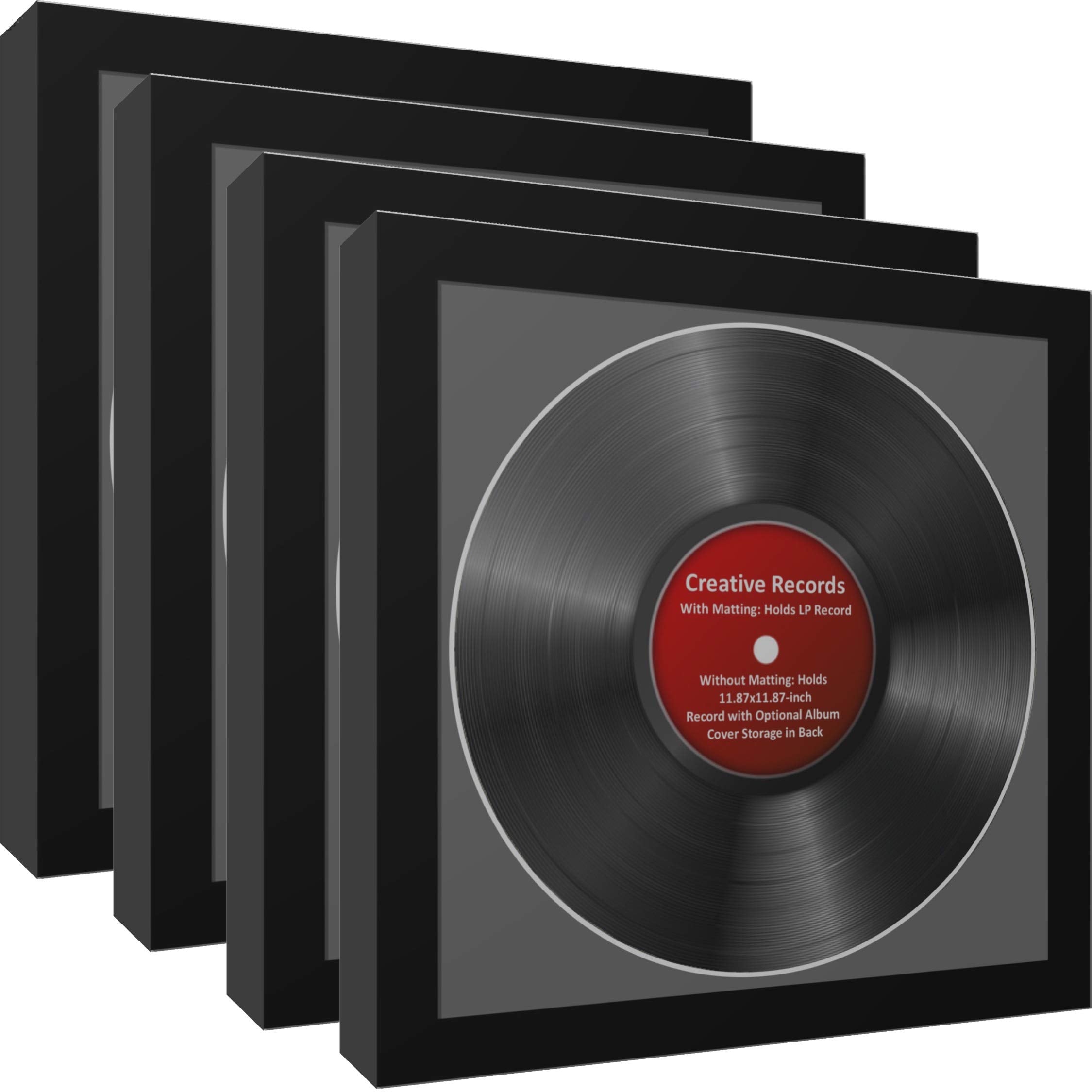 CreativePF [4pk-lp12.5x12.5bk-b] LP Vinyl Record Album Frame Display with Black Mat, LP Record Insert, Glass and Wall Hanger (4-