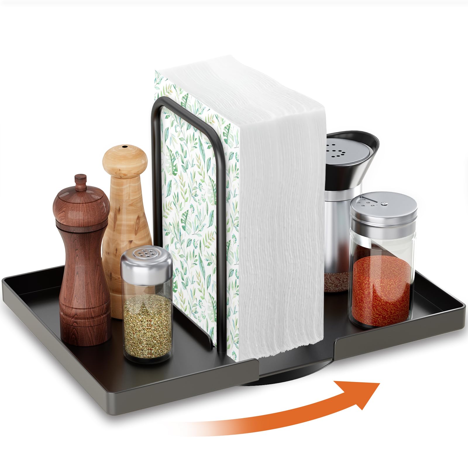 Napkin Holder for Table, Rotating Napkin Dispenser with Salt and Pepper Shakers Storage, Metal Paper Towel Holder for Table, Kit