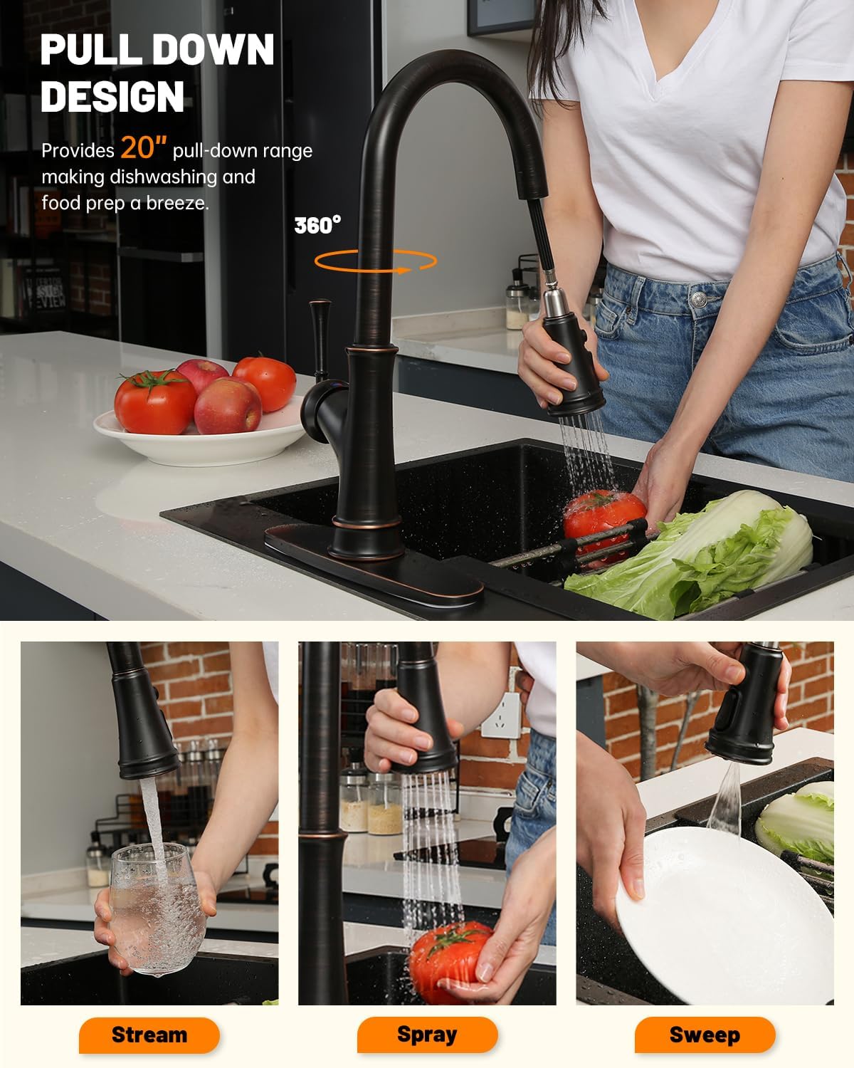 APPASO Kitchen Faucet with Pull Down Sprayer  Oil Rubbed Bronze Single-Handle High Arc Single Hole Pull Out Kitchen Sink Faucets with Escutcheon