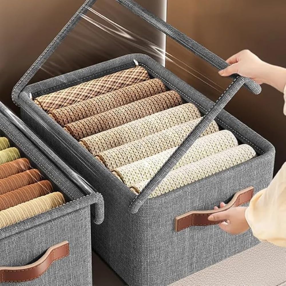 Zyntrico Foldable 26L Clothes Organizer  MetalFrame Fabric Storage Box With Zipper Lid & Handles For Wardrobe, Bedding, Blanket