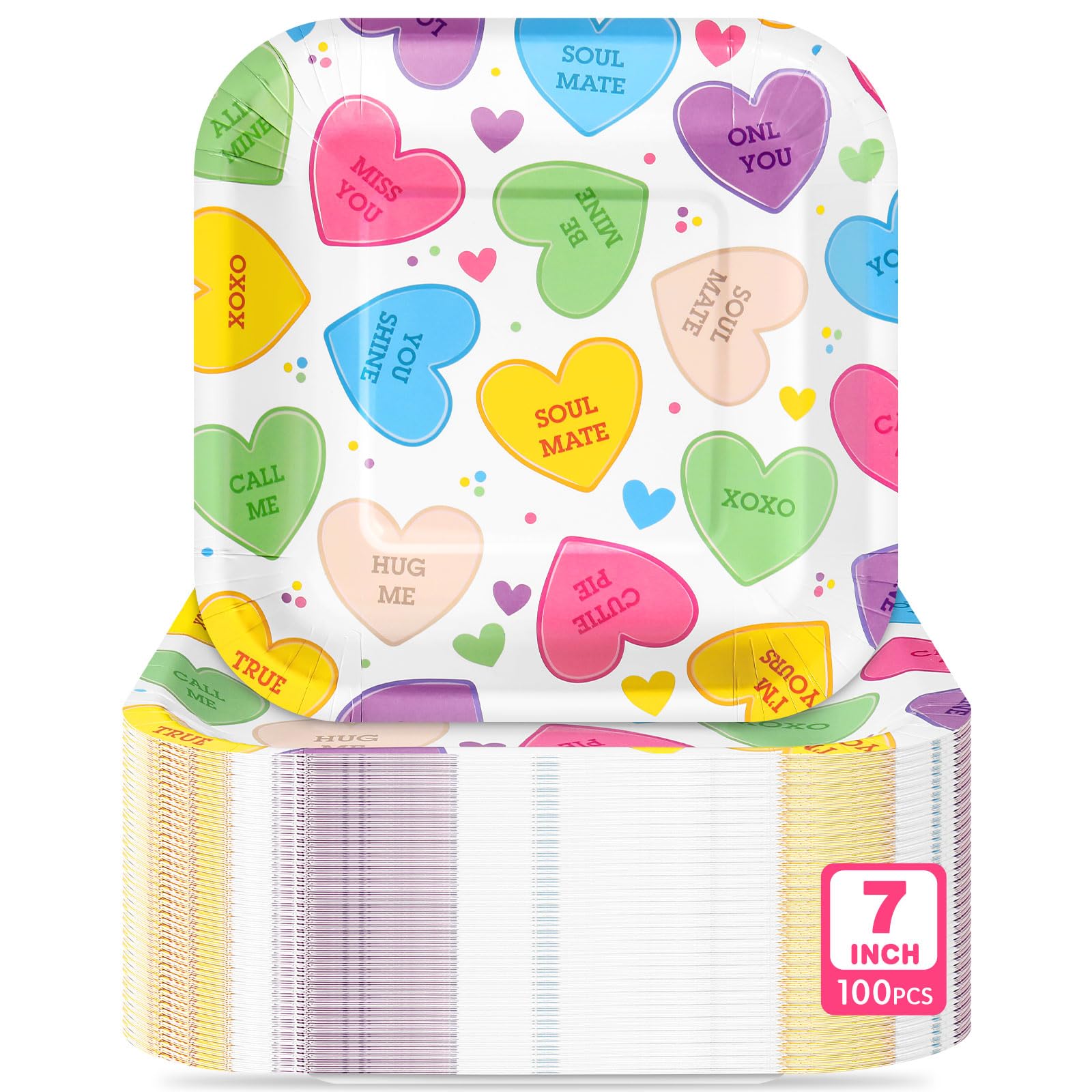 Potchen 100 Pcs Valentine'S Day Dessert Plates Bulk 7 X 7 Inch Conversation Heart Paper Plates Disposable Heart Square Paper Pla