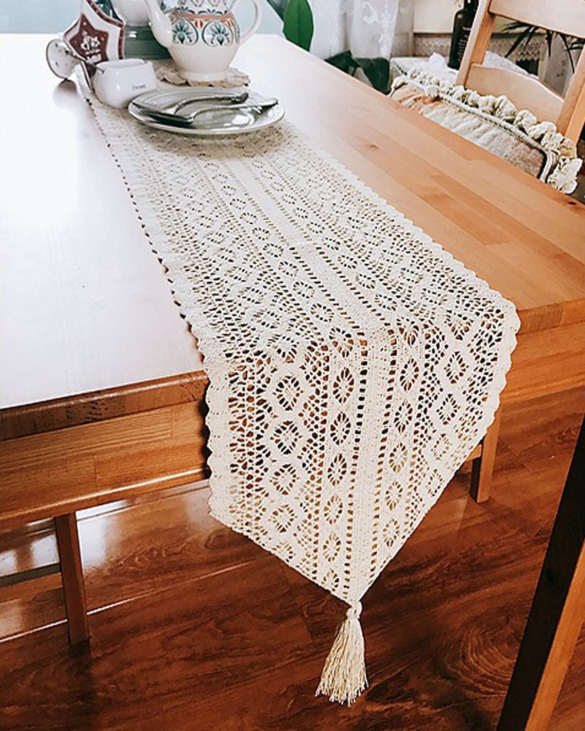 Table Runner 10 X 69 Inches, Woven Cotton Crochet Lace Boho Table Runners With Tassels For Home Dining Table, Farmhouse Style D