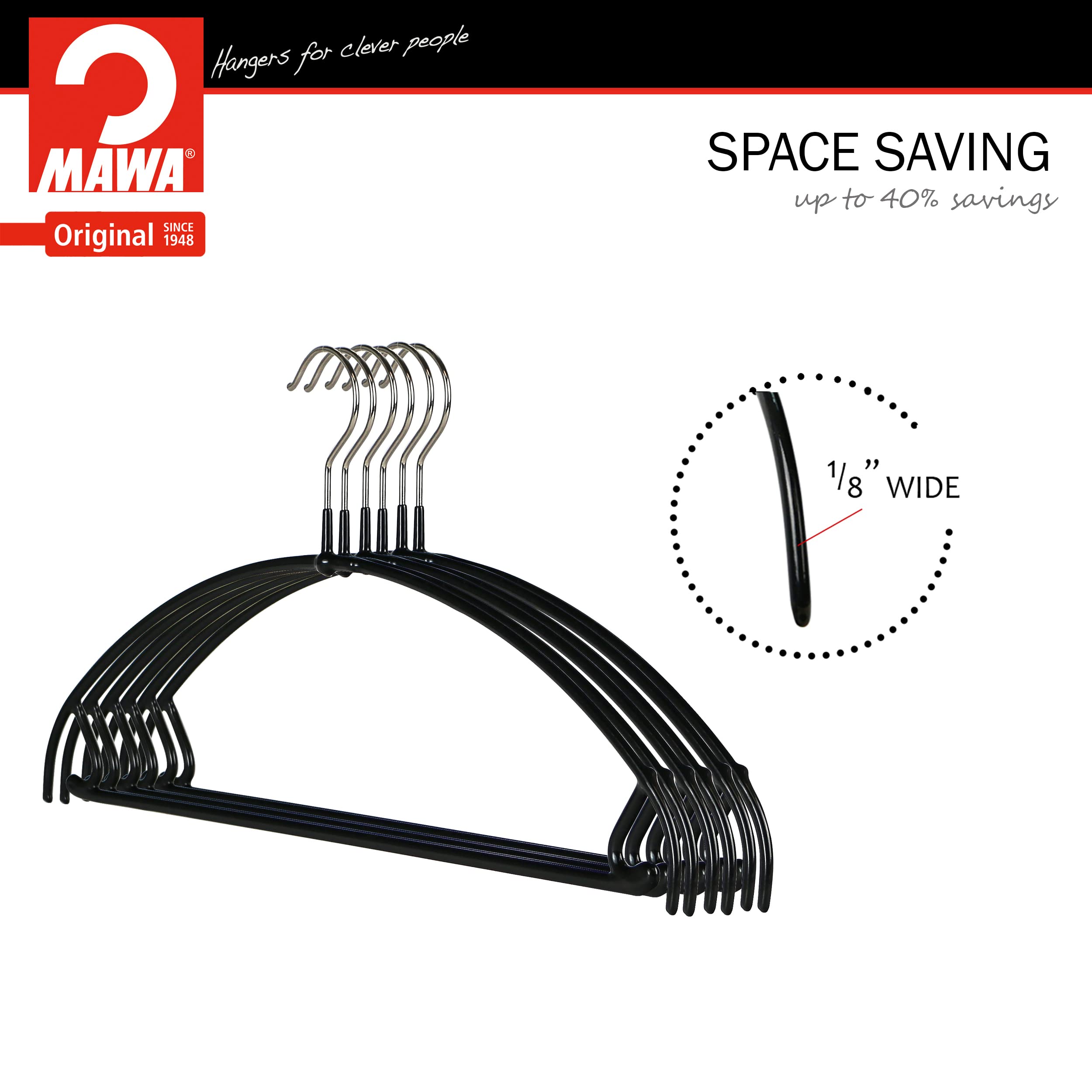 Mawa by Reston Lloyd Euro Ultra Light/Thin Series  Non-Slip Space-Saving Clothes Hanger with Bar & Hooks for Pants and Skirts  Style 42/PTU  Set of 10  Black
