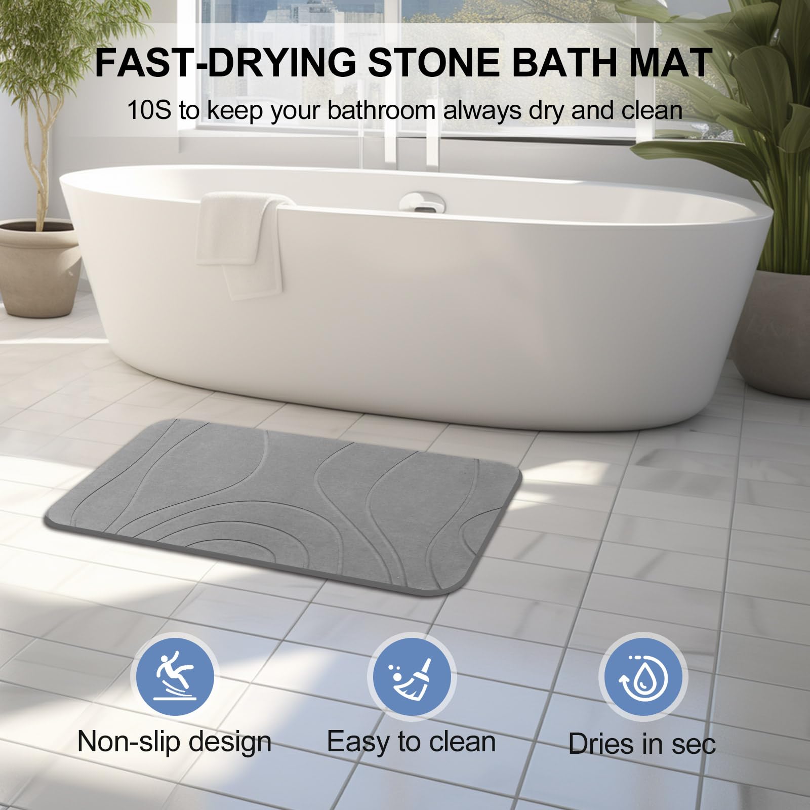 Humiga Stone Bath Mat, 2 Pack Diatomaceous Earth Shower Mat, Non-Slip Super Absorbent Quick Drying Bathroom Floor Mat, 24X15, Gr