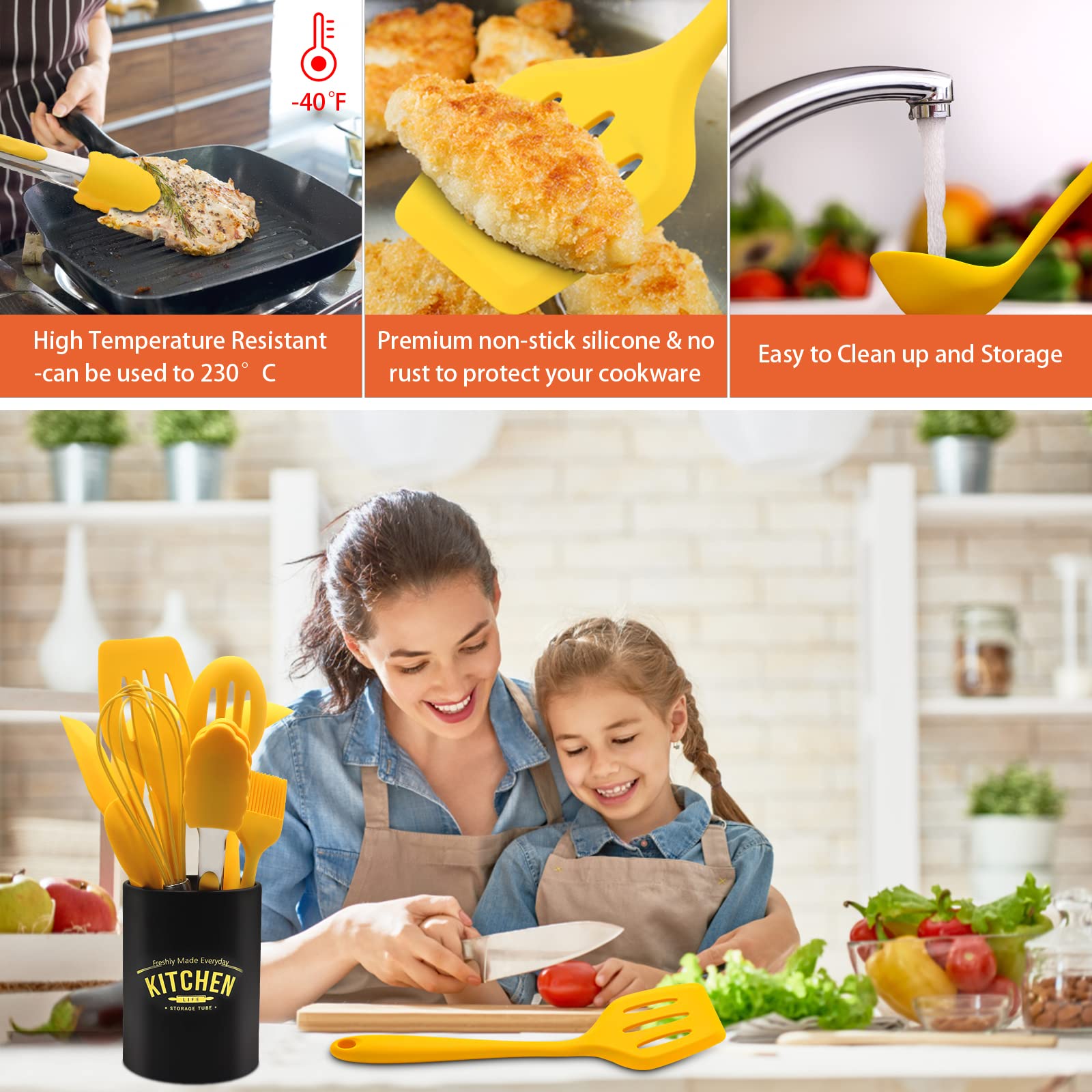 11 Piece Cooking Kitchen Utensils Set, Yellow Cooking Utensils Set, Non-Stick Silicone Spatula Set With Iron Utensils Holder, Si