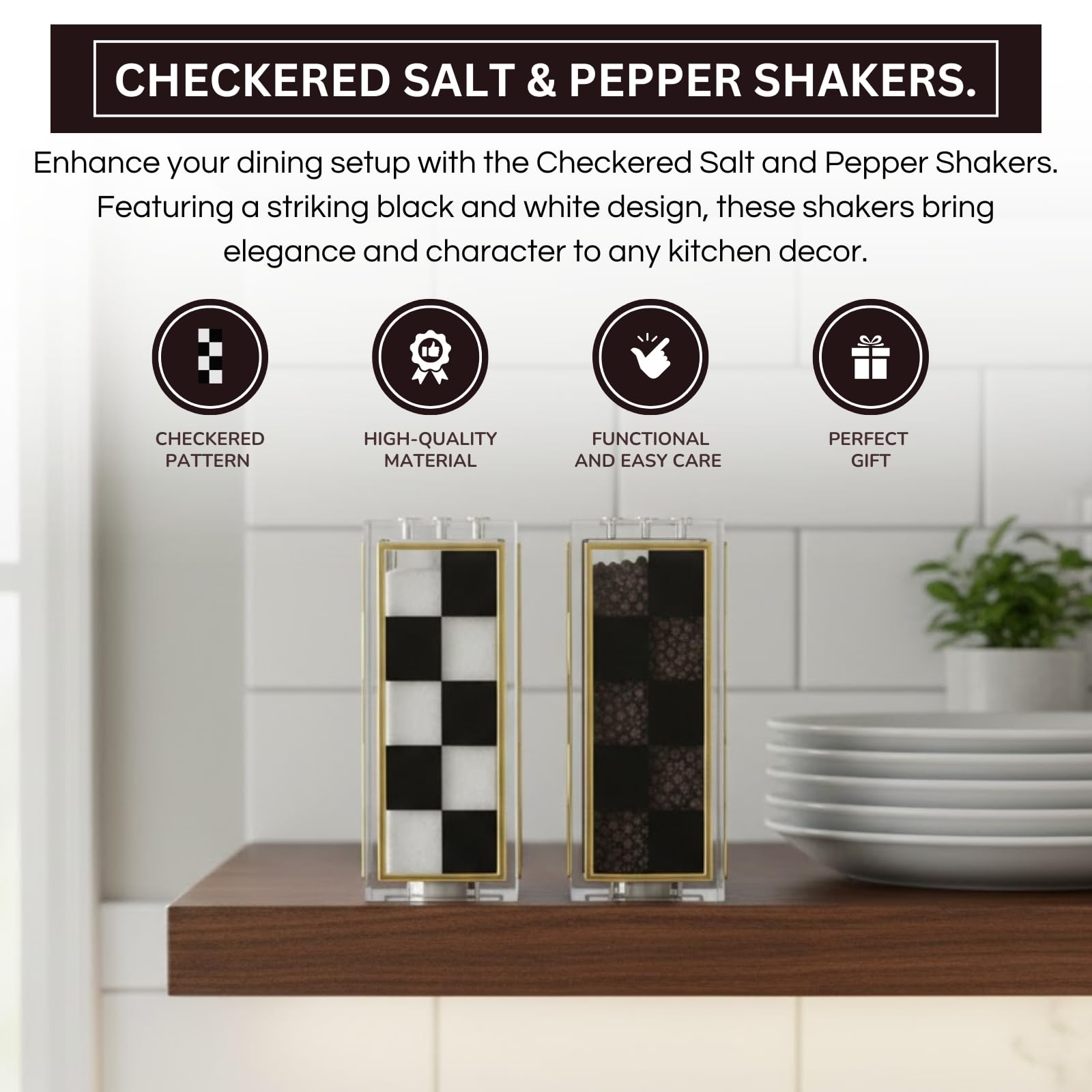 Checkered Salt and Pepper Shakers Set, Black White Square Design with 3 & 5 Holes