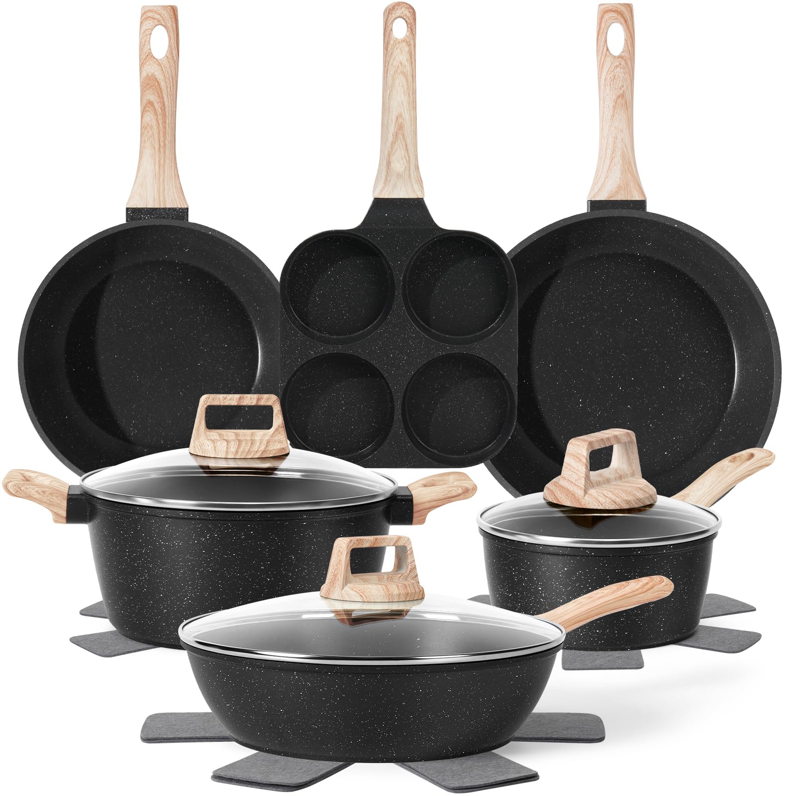 13 Pcs Pots and Pans Set, Nonstick Cookware Sets Black Granite Induction Cookware, Non-toxic Healthy Non stick Kitchen Cooking S