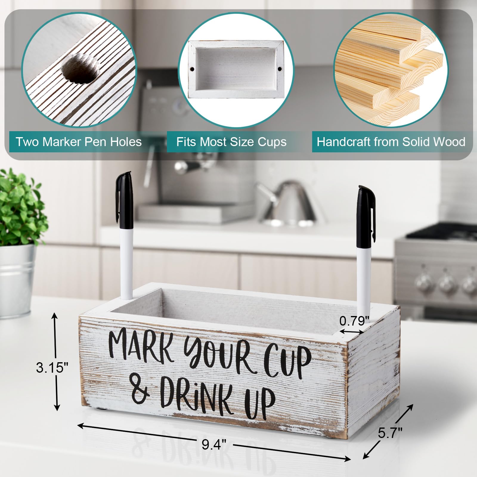 Drastar Double Disposable Cup Holder With Marker Slot, Retro White Wood Cup Organizer, Mark Your Cup And Drink Up Caddy, Plastic