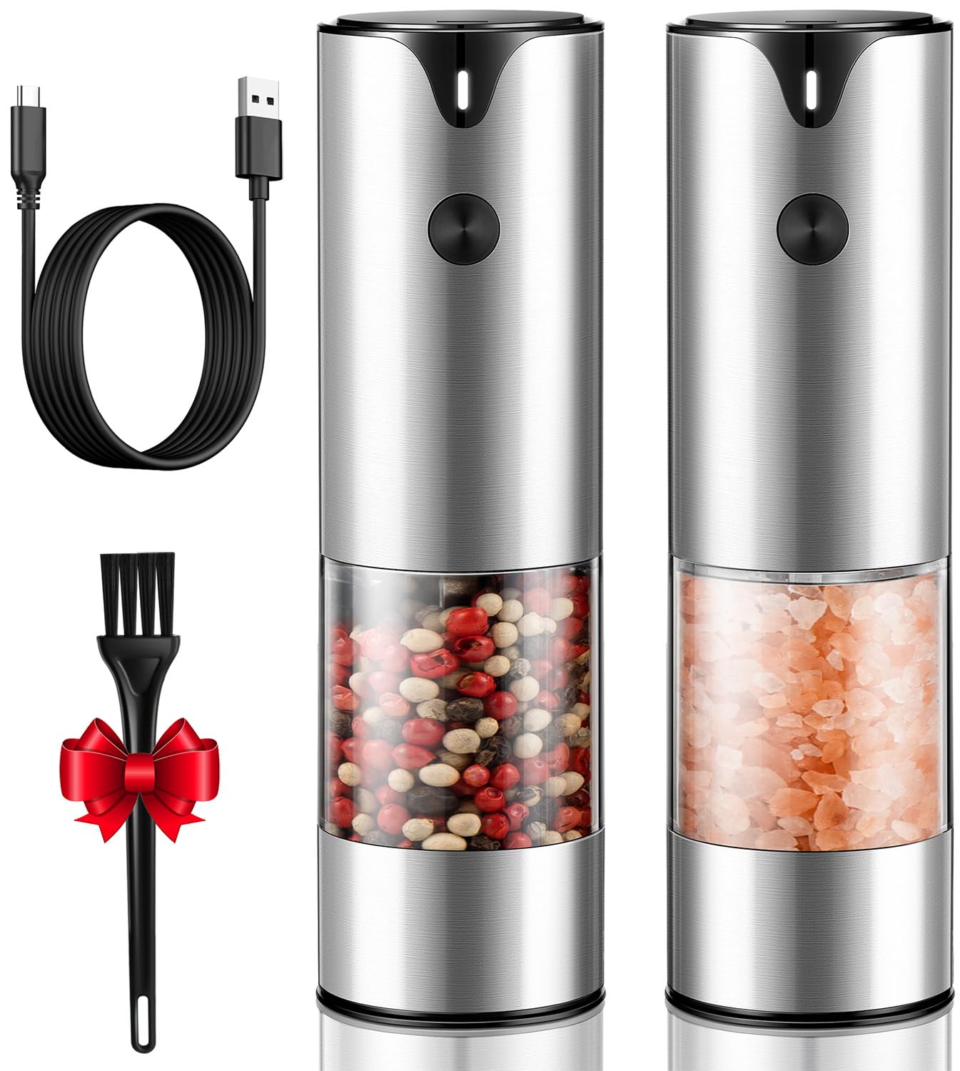 Rechargeable Electric Salt And Pepper Grinder Set - Extra Large Capacity - Automatic Black Peppercorn & Sea Salt Spice Mill Set