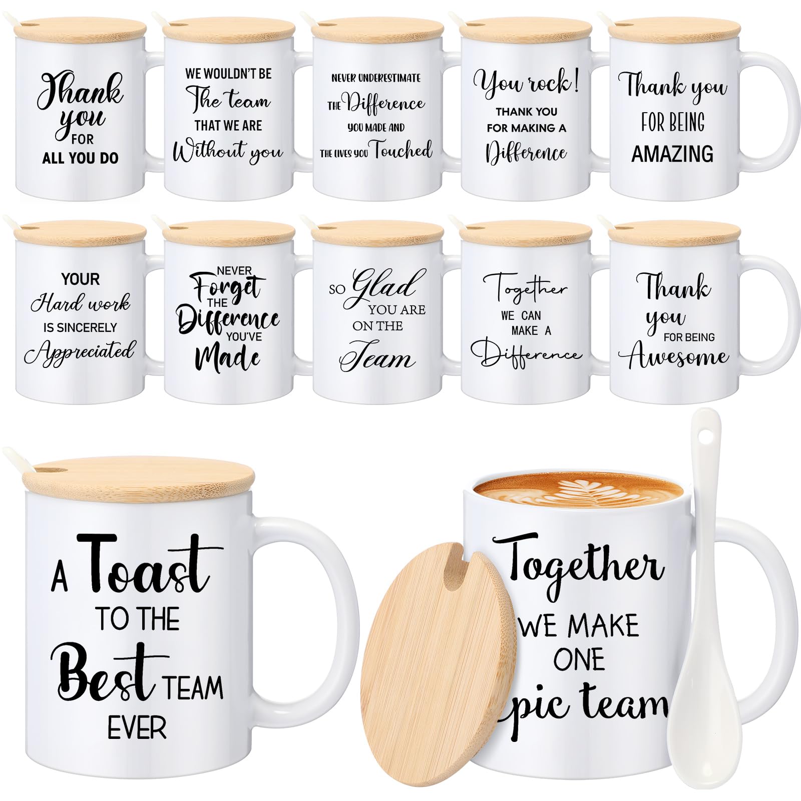 Ferrochef 12 Pcs Thank You Coffee Mugs 12oz Ceramic Cups with Lid Spoon