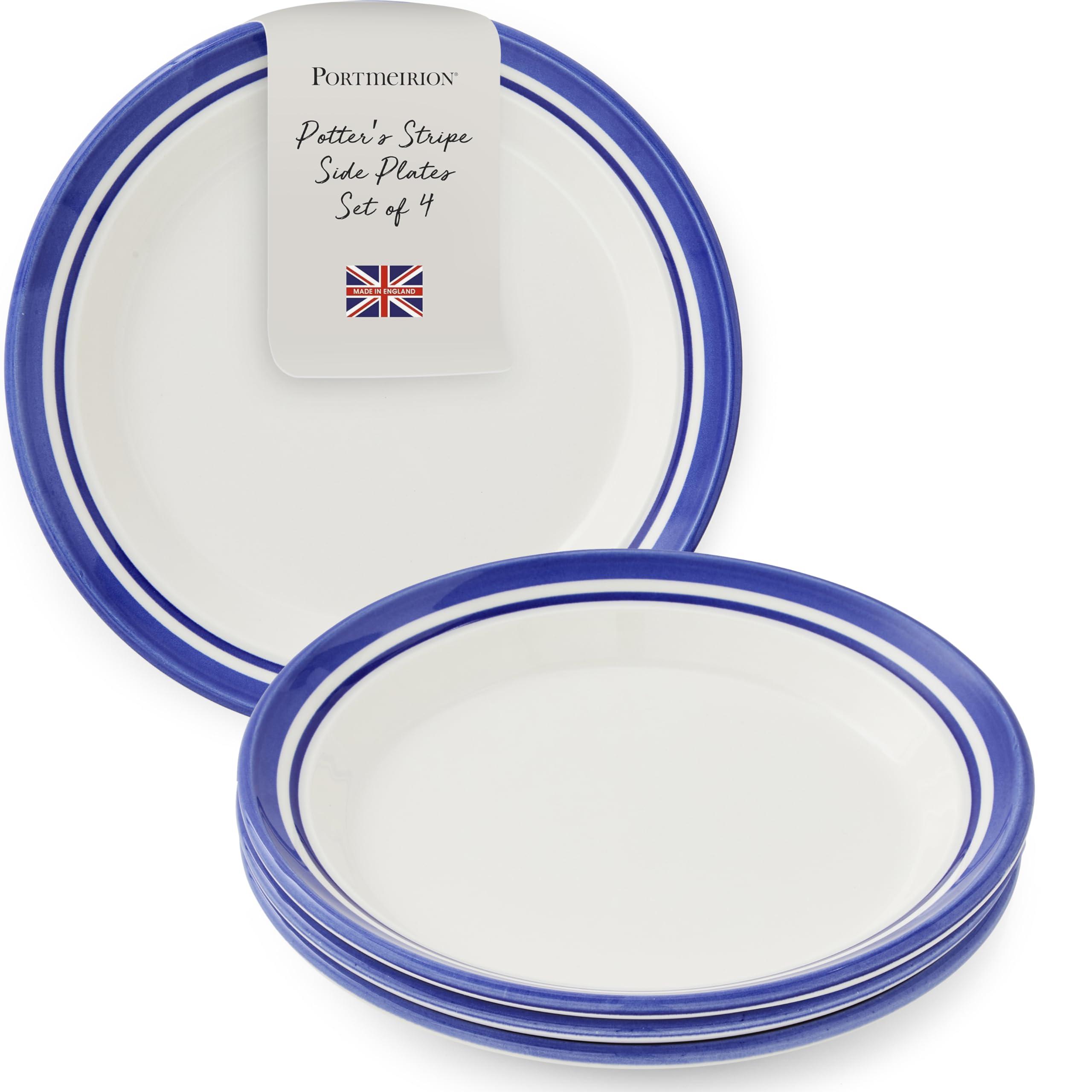 Portmeirion Potters Stripe Salad Plate (Set of 4) - 8 Earthenware Plates with Classic Striped Rim - Microwave, Dishwasher, Free
