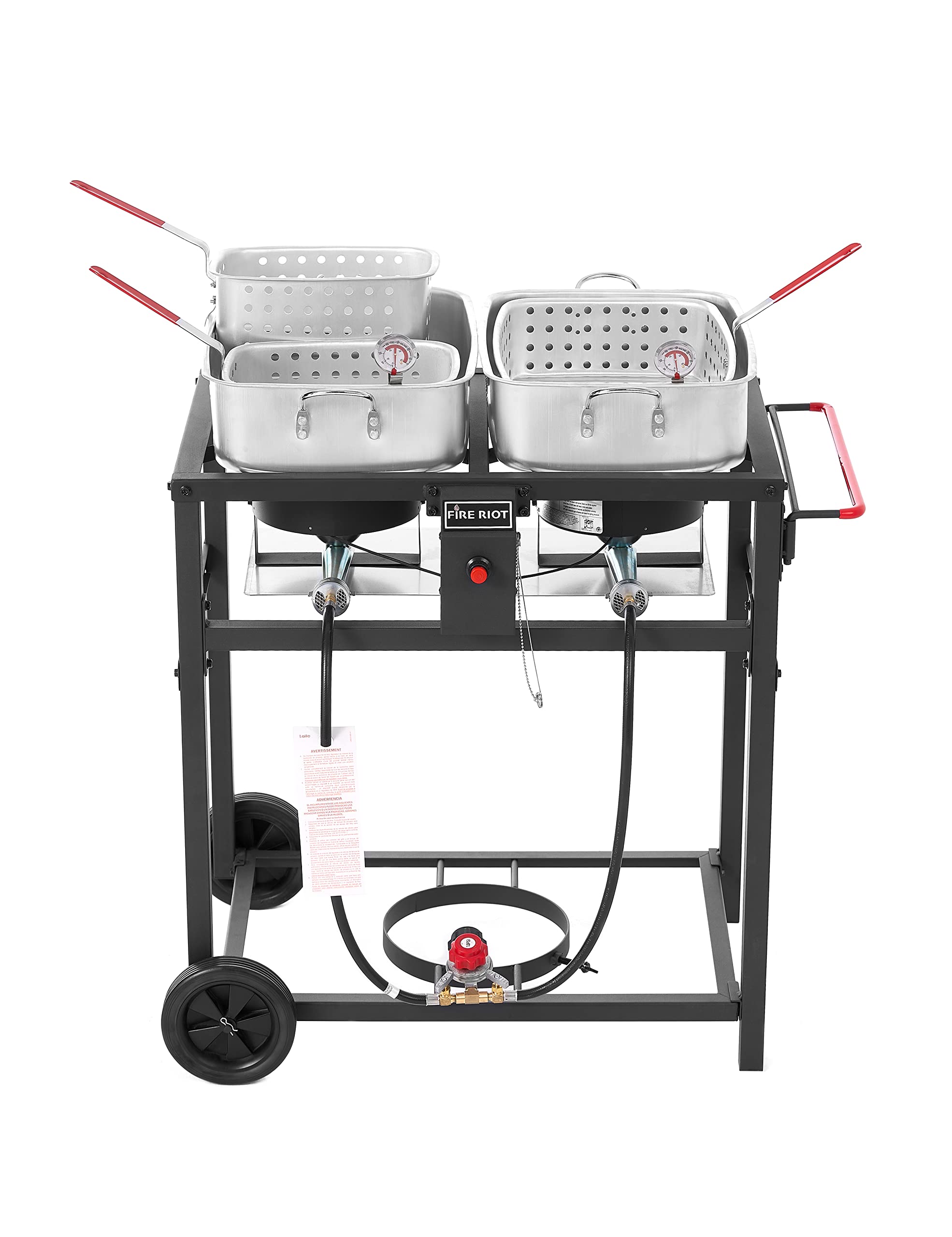 FIRE RIOT Outdoor Double Burner Deep Fryer Cart, 2-18QT Aluminum Pots, Medium, Black/Silver, Model HTK200KD