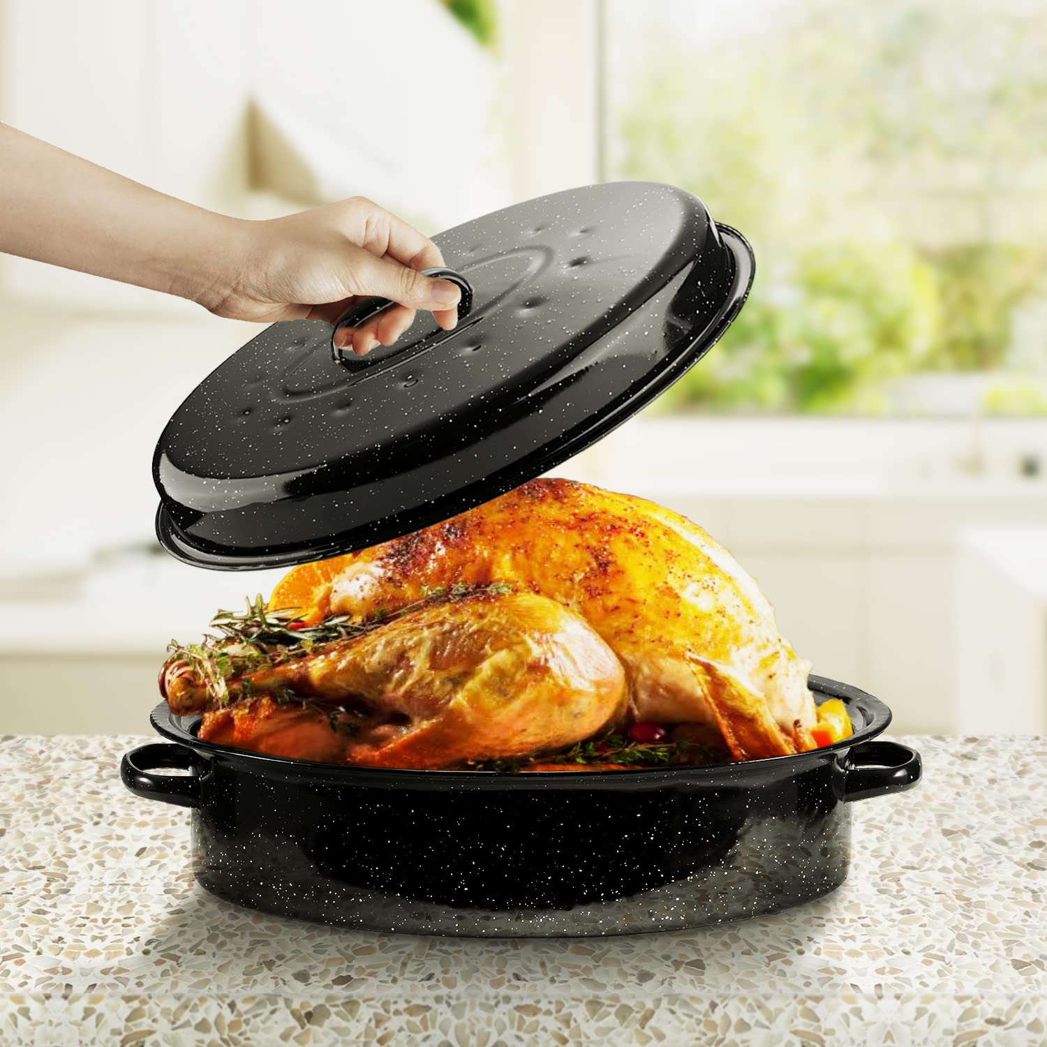 Dimeshy 18Inch Roasting Pan, Enamel On Steel, Black Covered Oval Roaster Pan With Lid, Large Cookware For Turkey, Small Chicken,