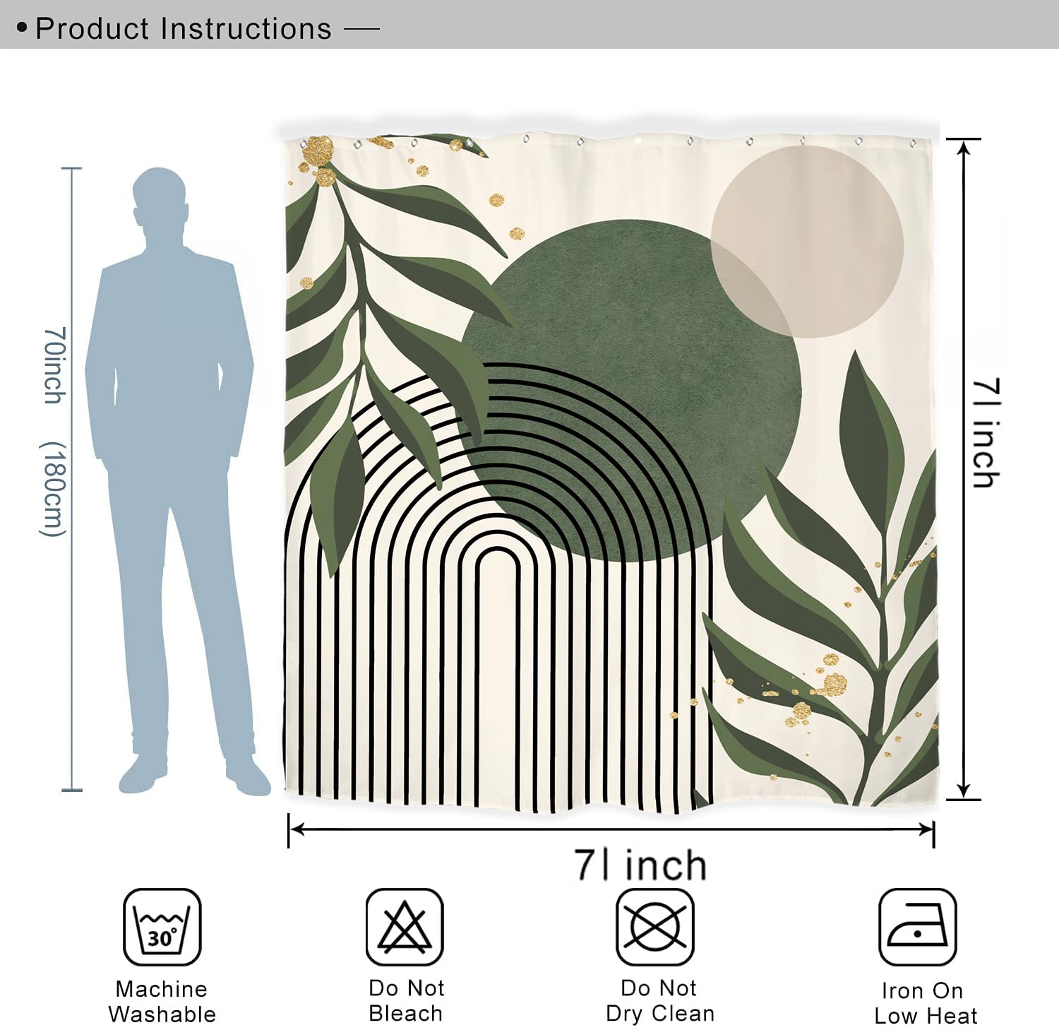Miyotaa Abstract Sage Green Shower Curtain Set 71Wx71H Inches Minimalist Plant Aesthetic Modern Neutral Leaves Mid Century Water