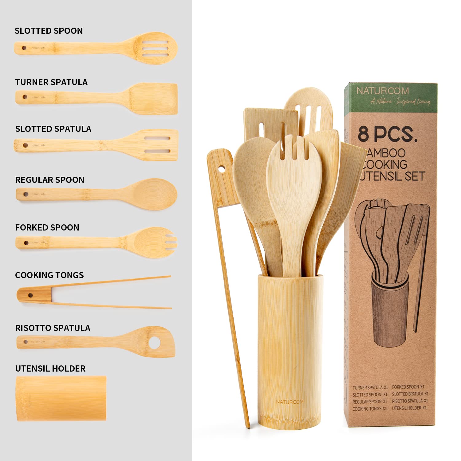 Naturoom Kitchen Utensils Set Of 8 Pcs, 12Inches Bamboo Wooden Cooking Spoon & Spatula Tools Perfect For Non-Stick Cookware (Bam