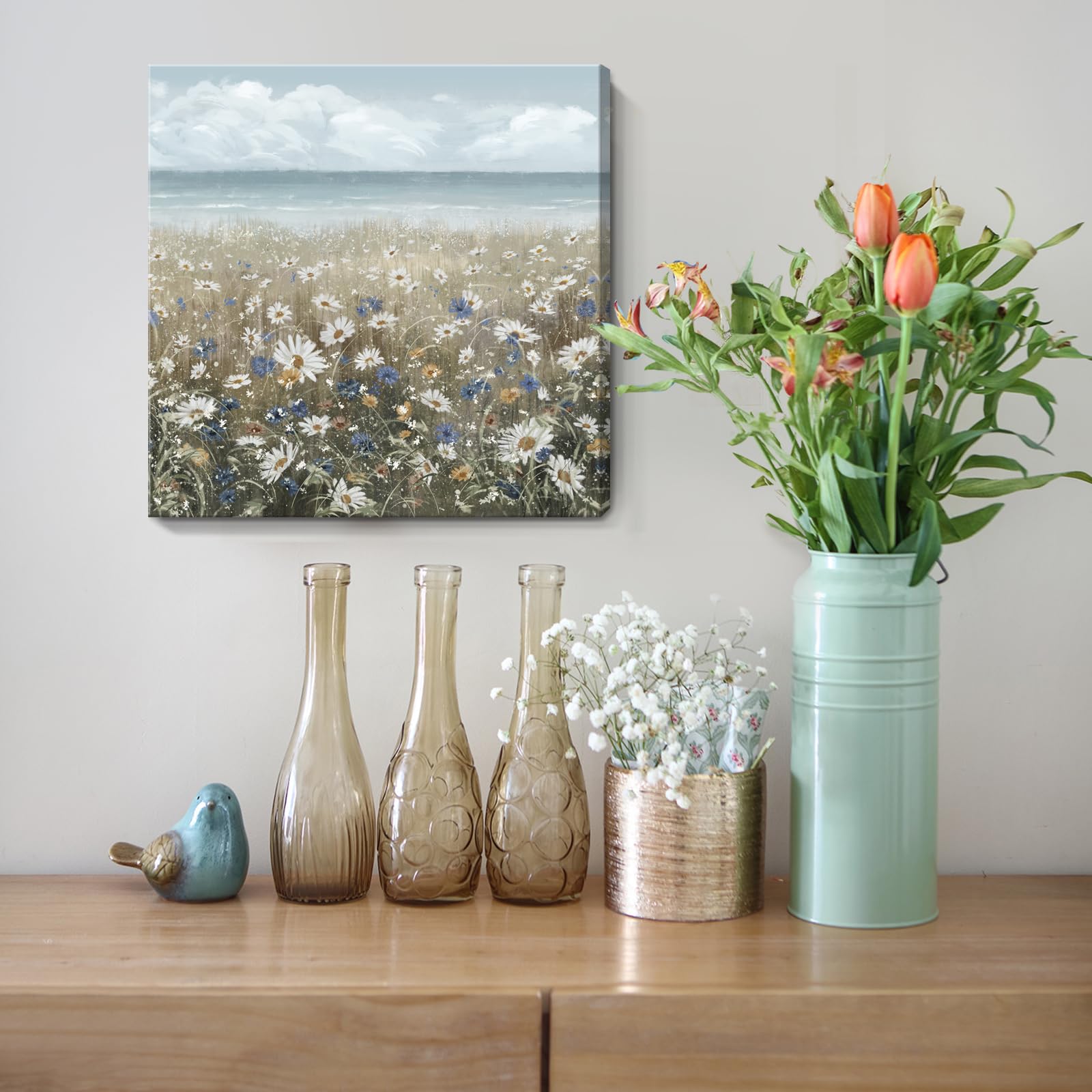 Canvas Wall Art Beach Floral Wall Picture Coastal Boho Farmhouse Daisy Flowers Nautical Sea Ocean Wildflowers Canvas Print Vinta